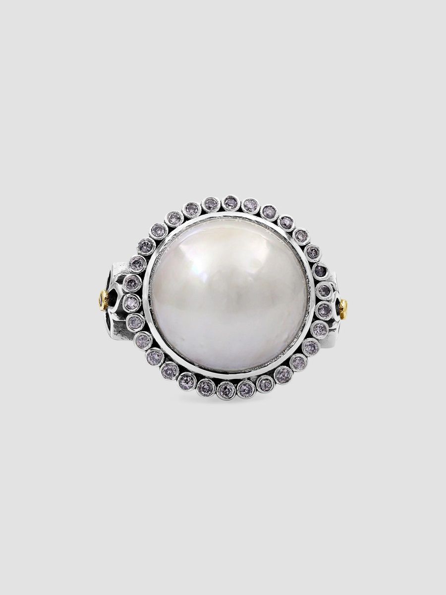 Stephen Dweck Women's Sterling Silver, 18K Yellow Gold, Cultured Pearl & 0.32 TCW White & Champagne Diamond Ring - Silver - Size 7