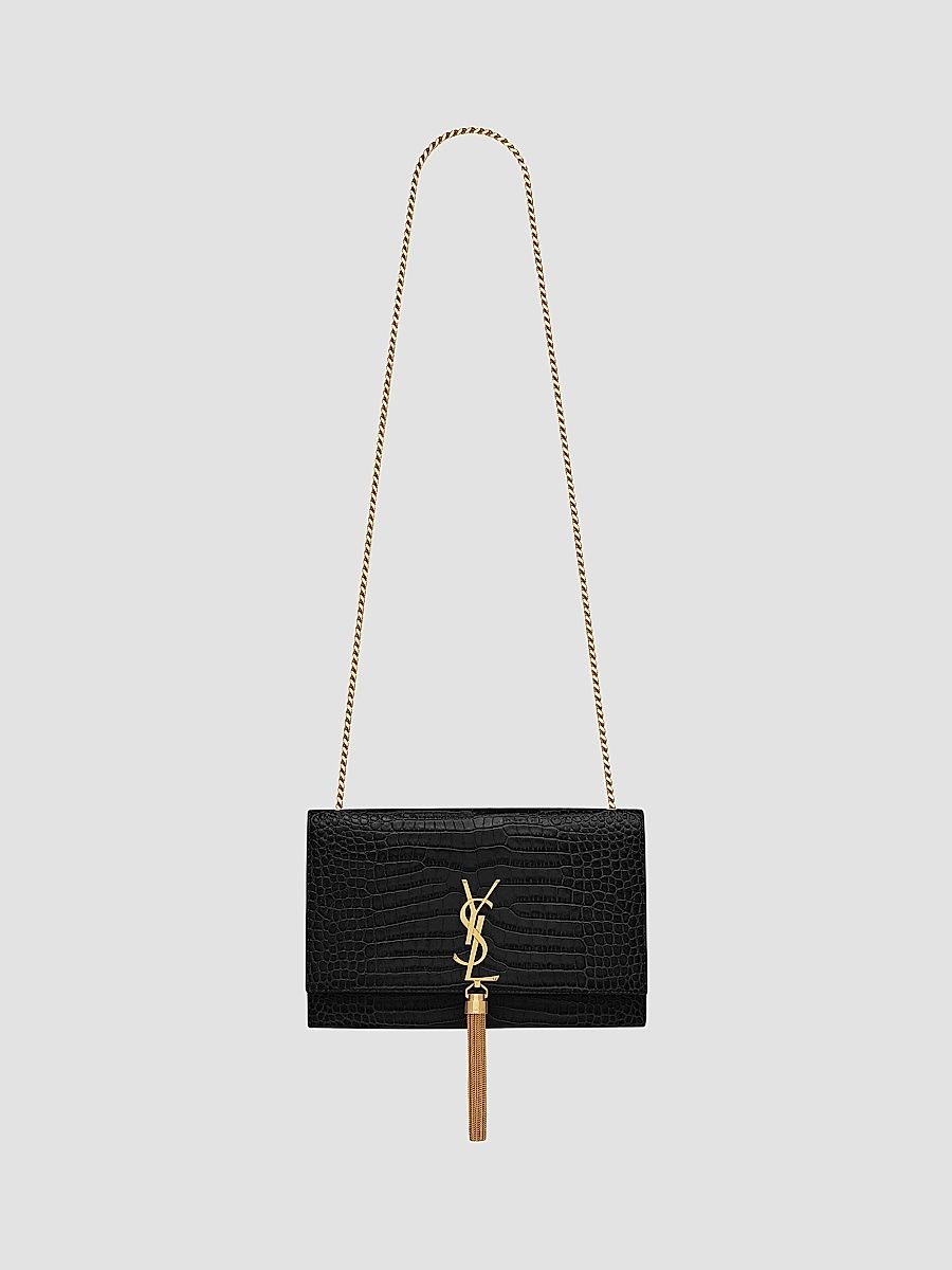 Saint Laurent Women's Kate Medium Chain Bag With Tassel In Crocodile-embossed Shiny Leather - Nero
