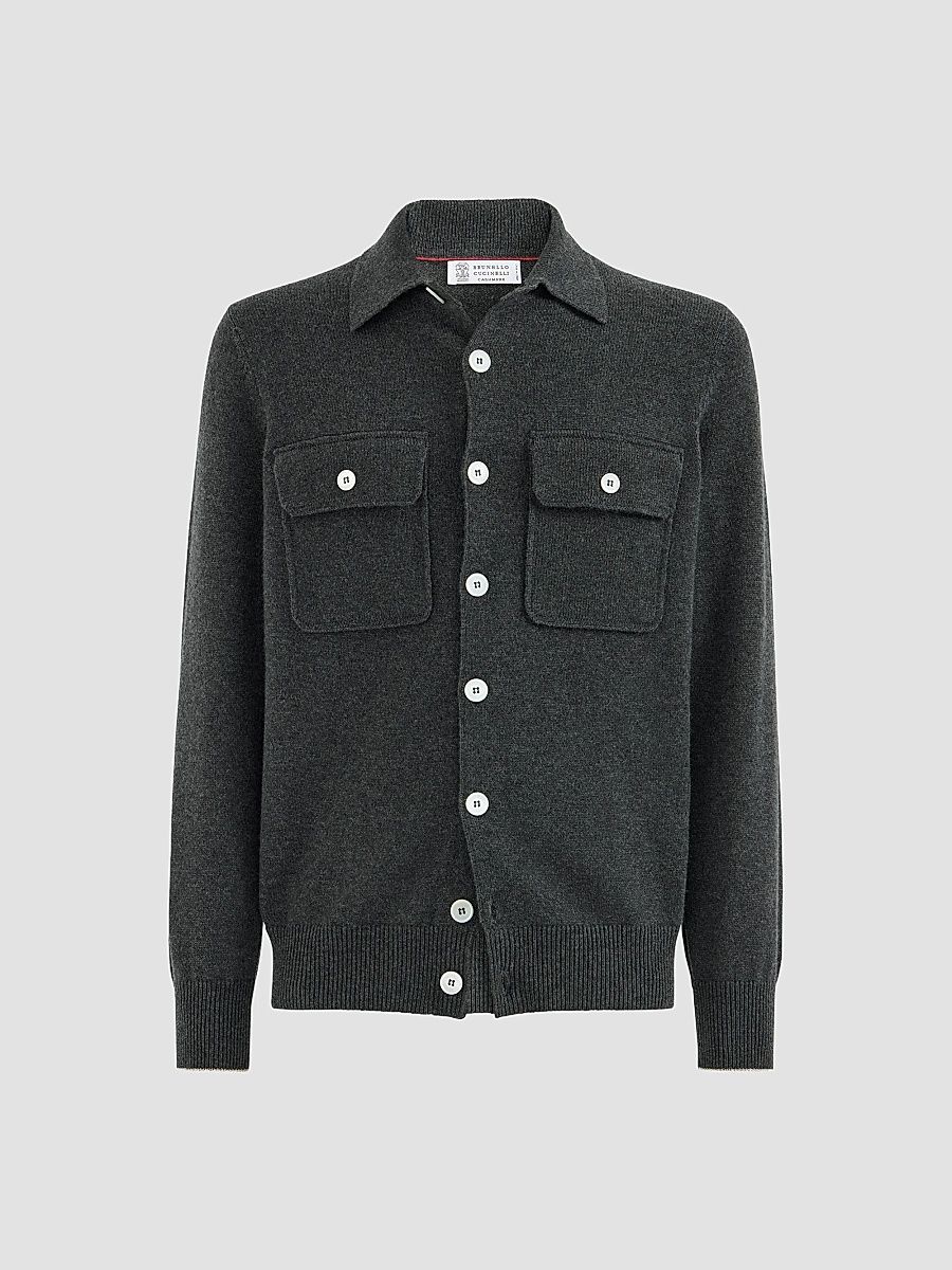 Men's Cashmere Shirt-Style Cardigan with Chest Pockets - Stone Grey - Size 40
