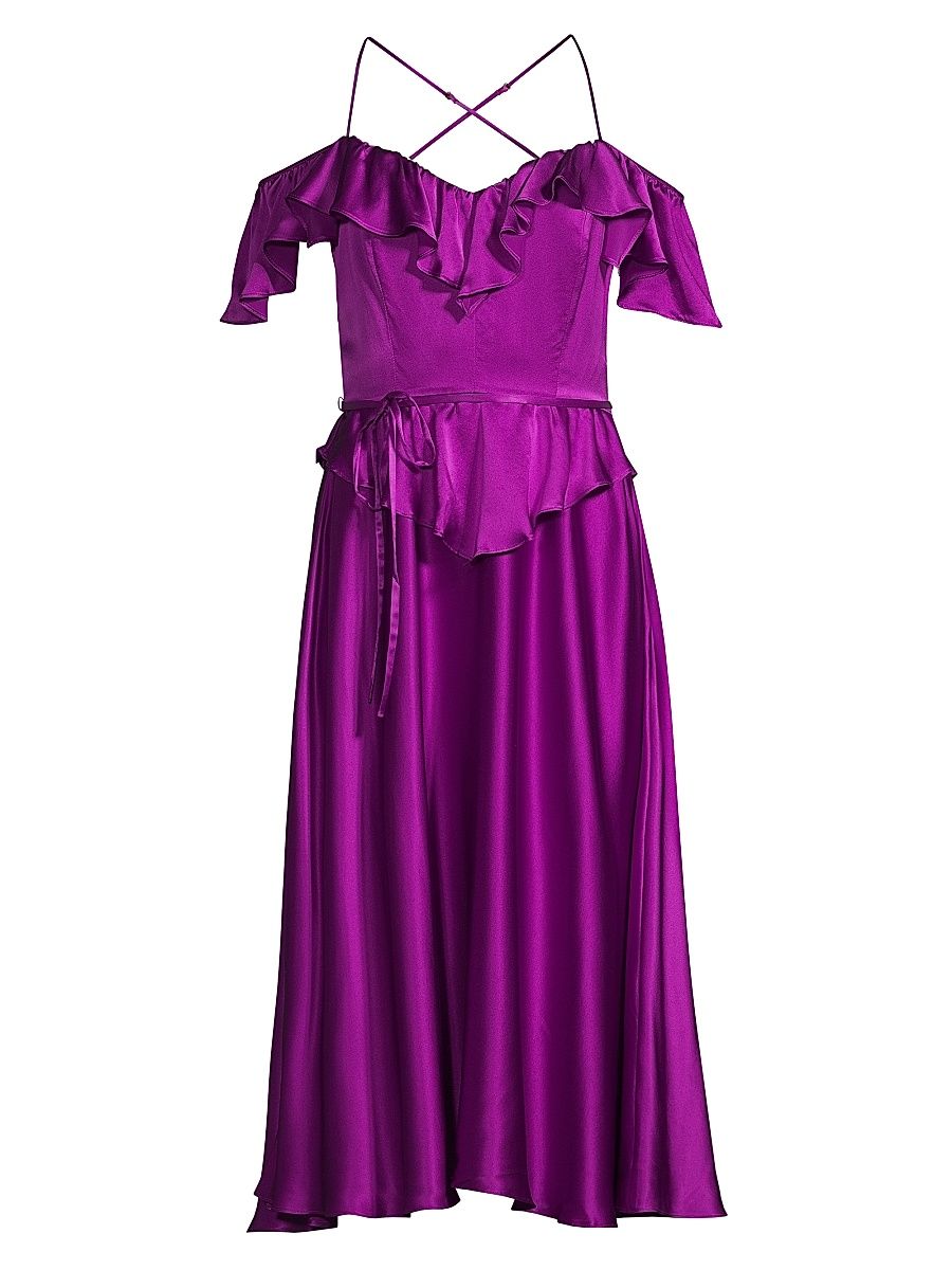 Women's Off-The-Shoulder Ruffle Satin Dress - Rich Berry - Size XL
