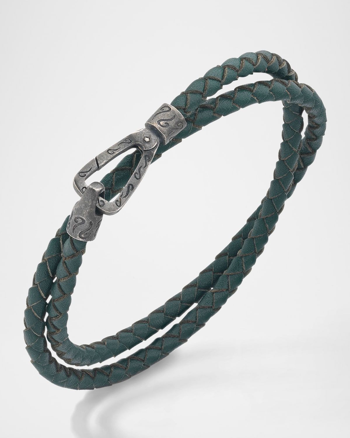 Men & apos;s Double Wrap Oxidized Silver and Woven Leather Bracelet
