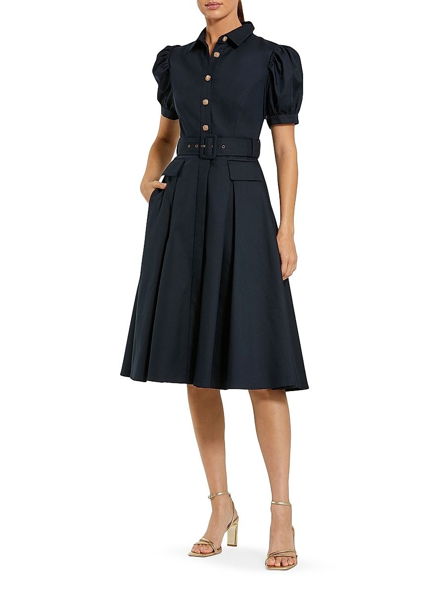 Women's Cocktail Twill Belted Midi-Dress - Midnight - Size 16