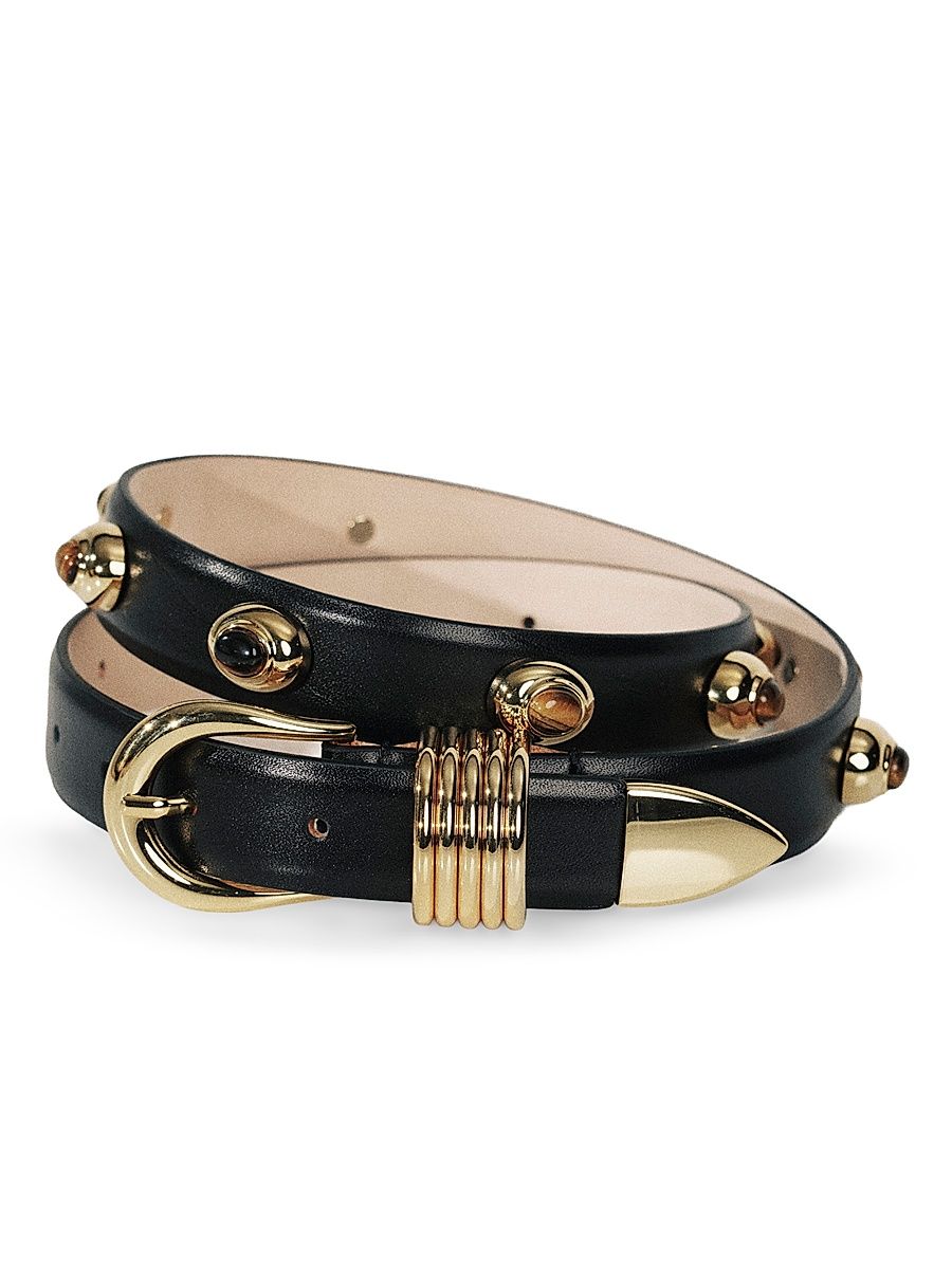 Women's Hollyhock Embellished Leather Belt - Black Tigers Eye Gold - Size Large