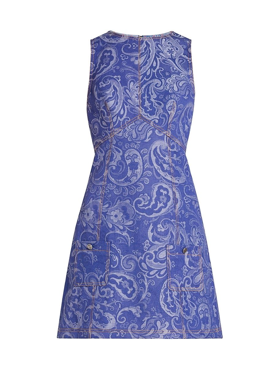 Women's Paisley Sleeveless Denim Sheath Minidress - Multicolor Azure Base - Size 6