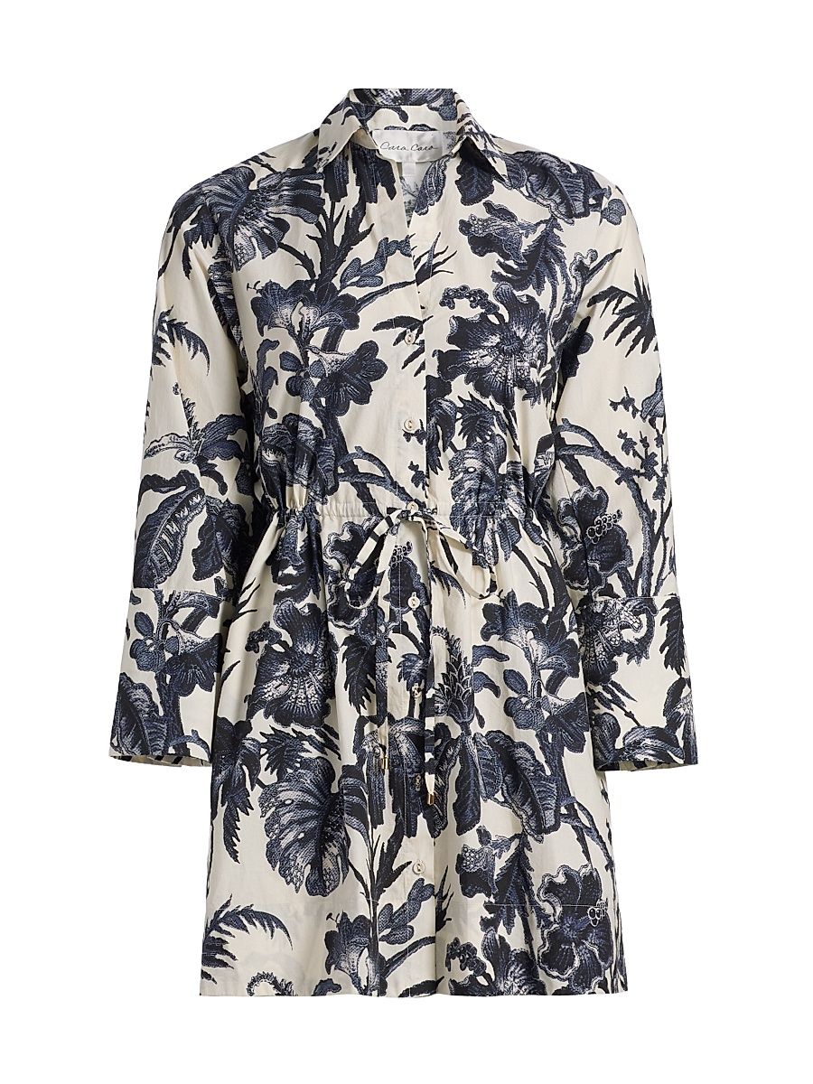 Women's Henry Printed Cotton Poplin Mini-Shirtdress - Fauna Floral Navy - Size XL