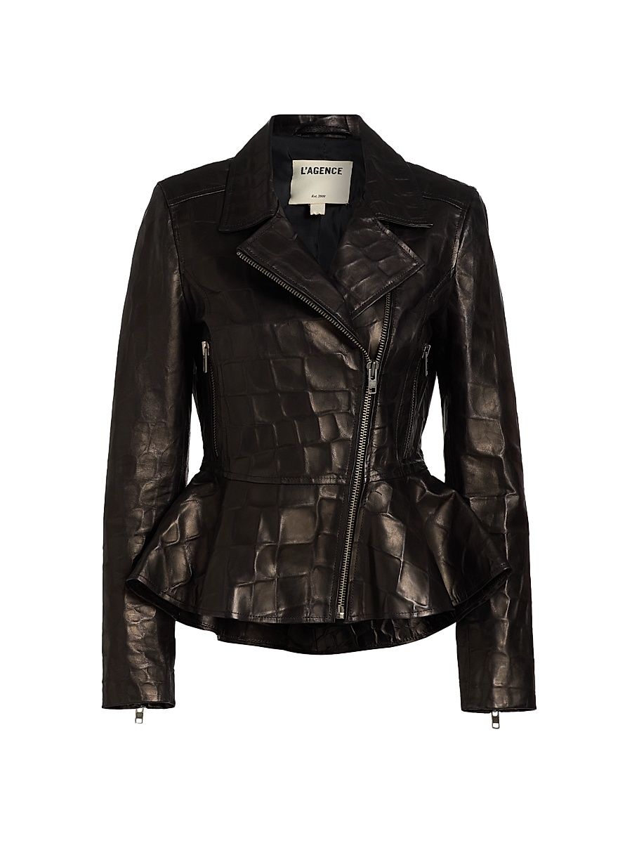 Women's Lyric Peplum Leather Biker Jacket - Black - Size Large