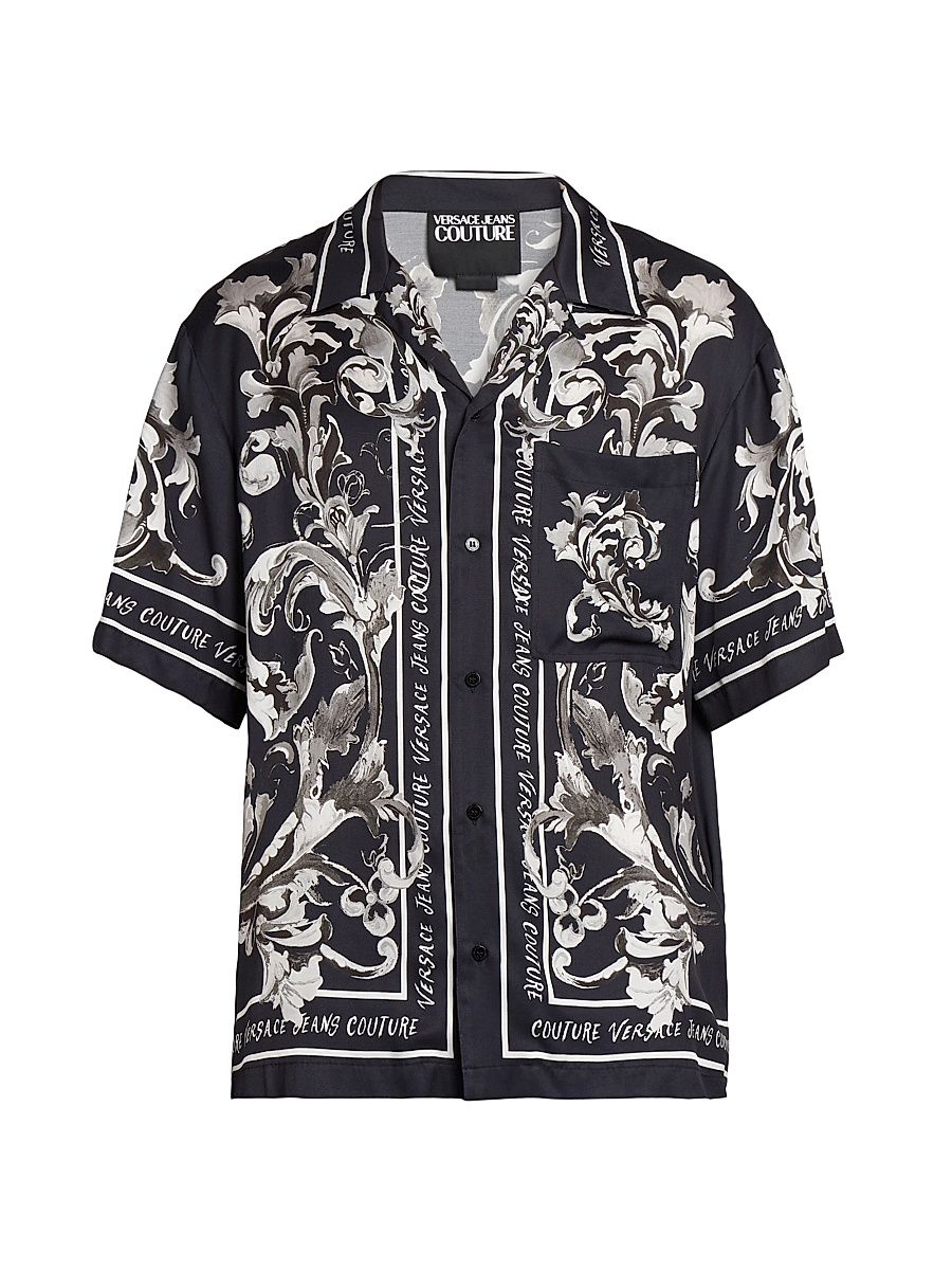 Men's Monochromatic Barocco Logo Short-Sleeve Button-Front Shirt - Black - Size 44