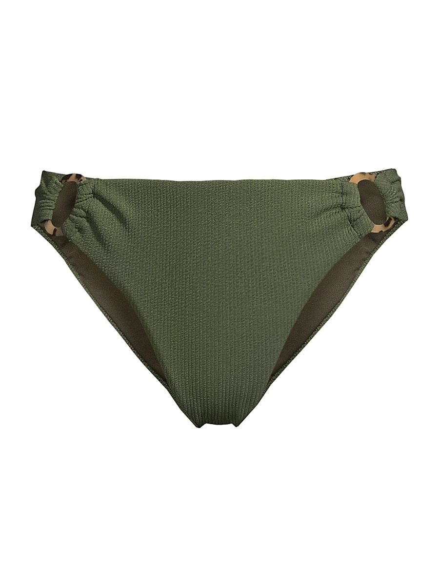 Women's Ring Trim Textured Bikini Bottom - Olive Texture - Size Small