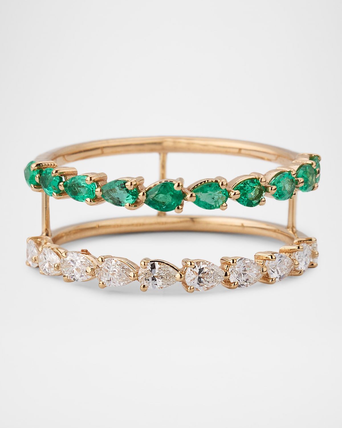 Green Emerald and Pear Diamond Double Band Ring