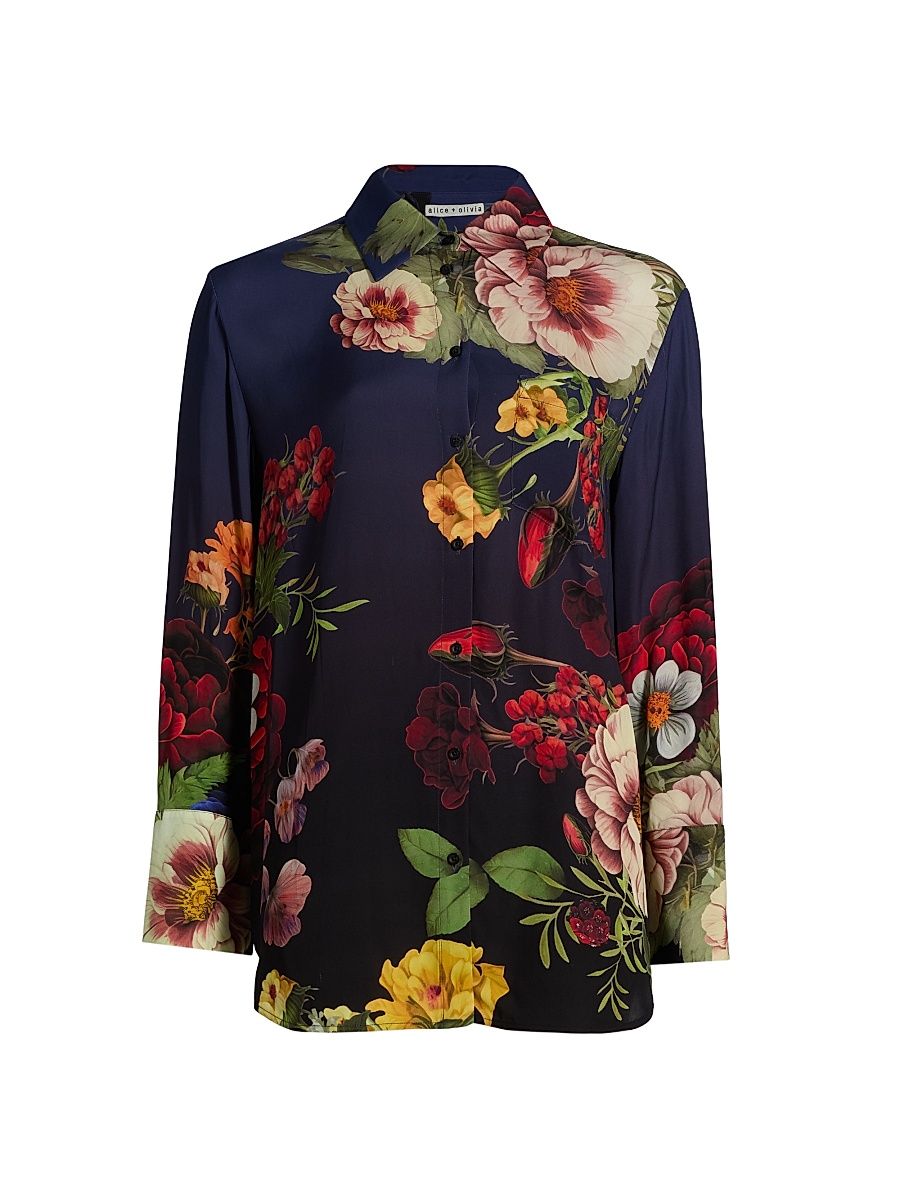 Women's Finely Floral Satin Button-Front Shirt - Magic Garden Gradient - Size Medium
