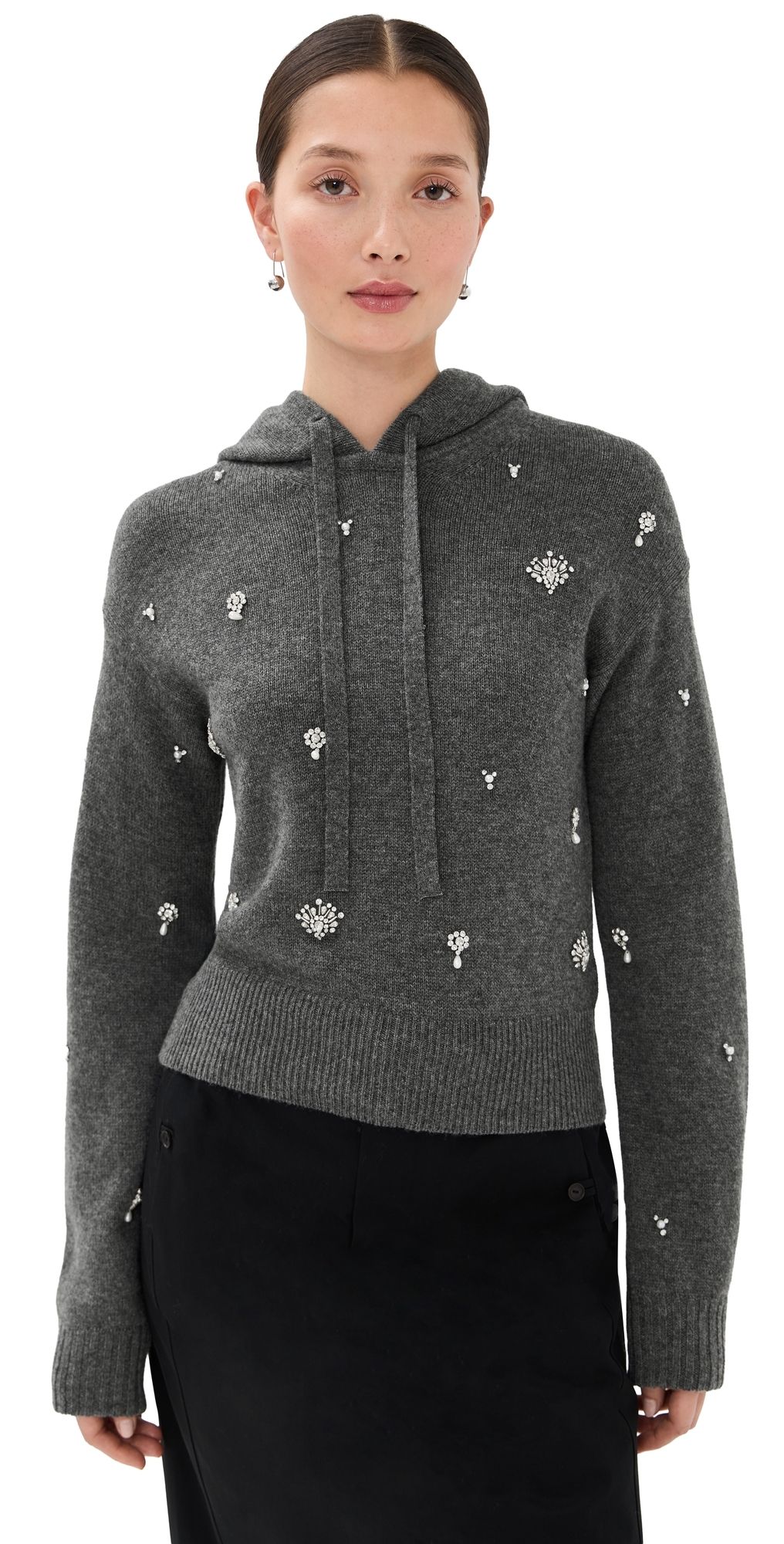 SIMKHAI Karmen Embellished Hooded Top Charcoal Grey M