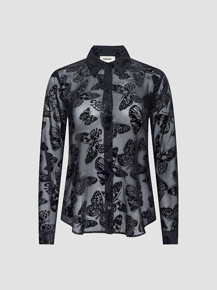Women's Laurent Flocked Sheer Blouse - Black Butterfly - Size XL