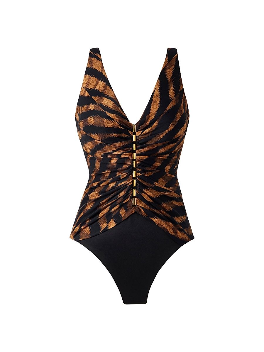 Women's Raya De Safari Charmer Animal-Print One-Piece Swimsuit - Black Brown - Size 6