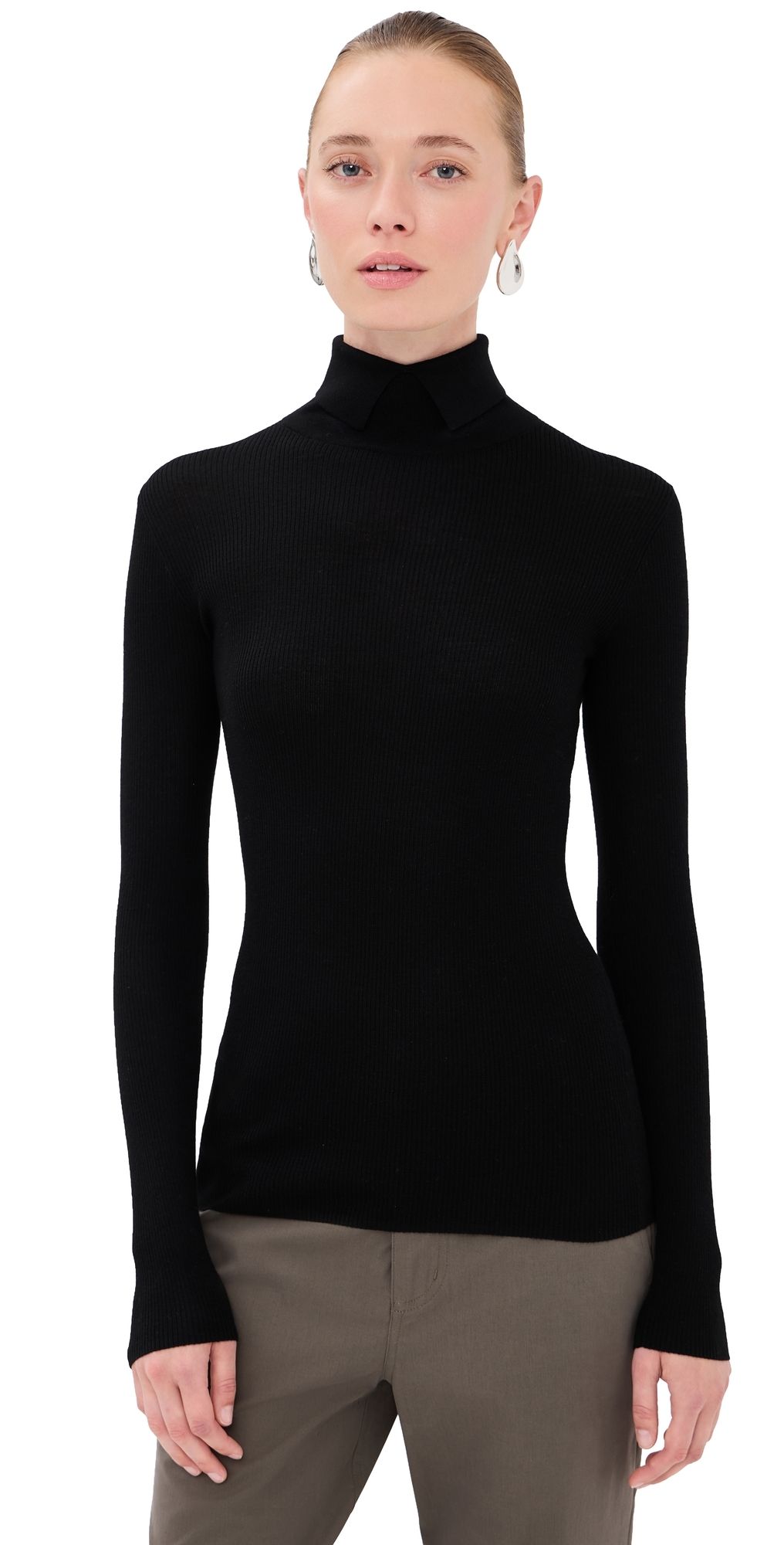 Tibi Featherweight Ribbed Split Neck Turtleneck Sweater Black L