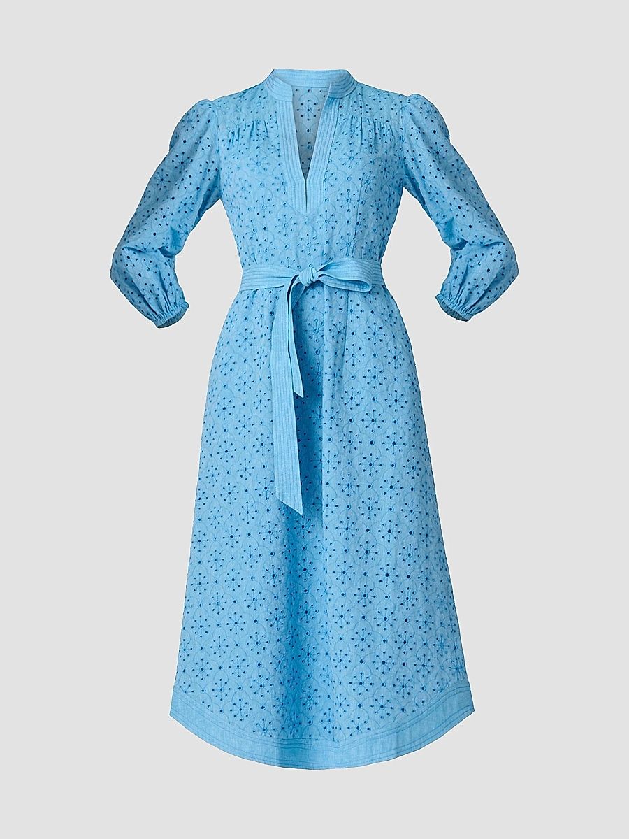 Shoshanna Women's Adele Embroidered Cotton-Linen Midi-Dress - Cyan - Size 8