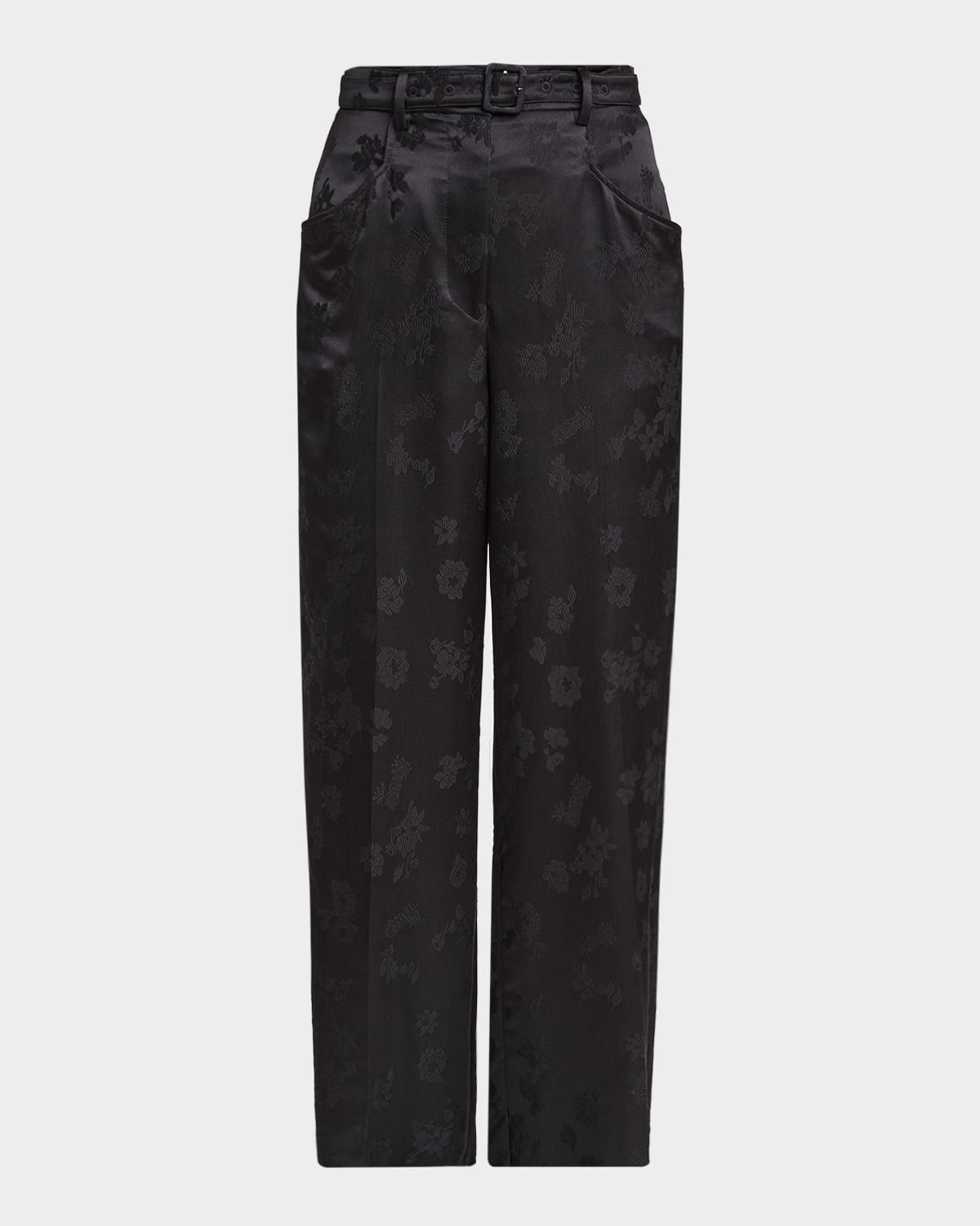 Norman Floral Satin Jacquard Wide-Leg Pants With Belt