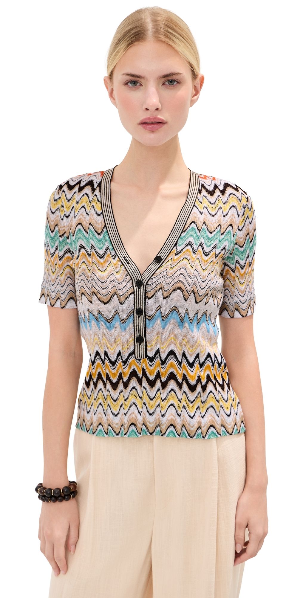 Missoni Short Sleeve V Neck Top Multicolor Beige Light Base 42