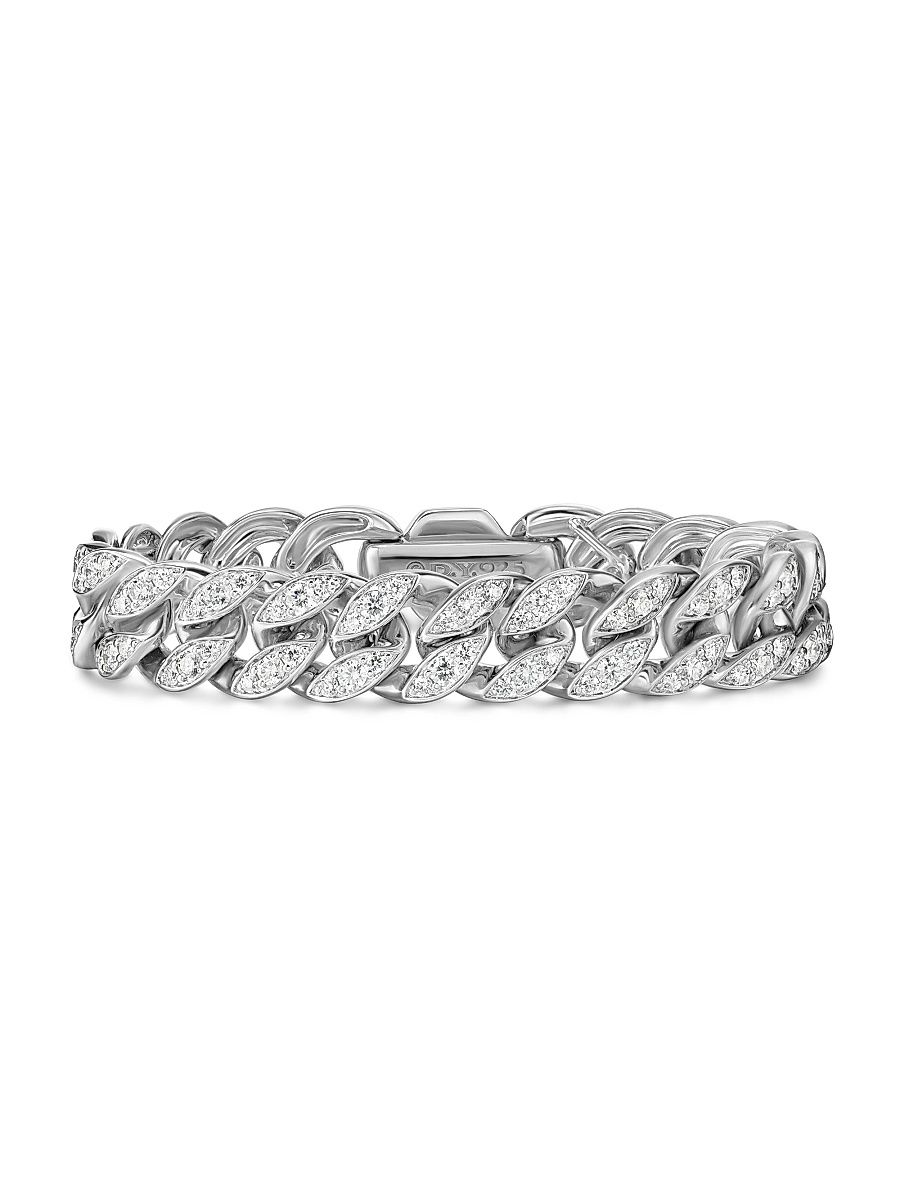 Women's Curb Chain Bracelet in Sterling Silver - Diamond - Size Medium