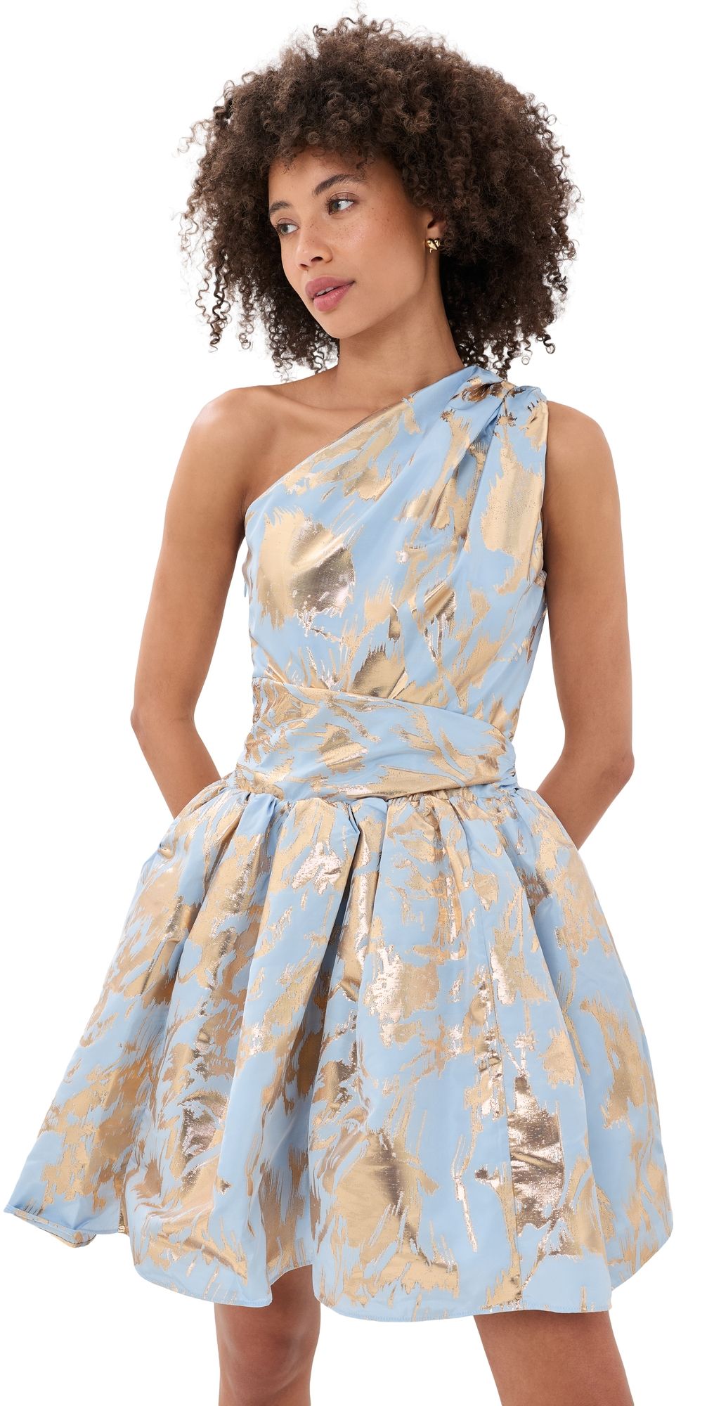AKNVAS Paula One Shoulder Dress Cornflower Blue/Gold 6