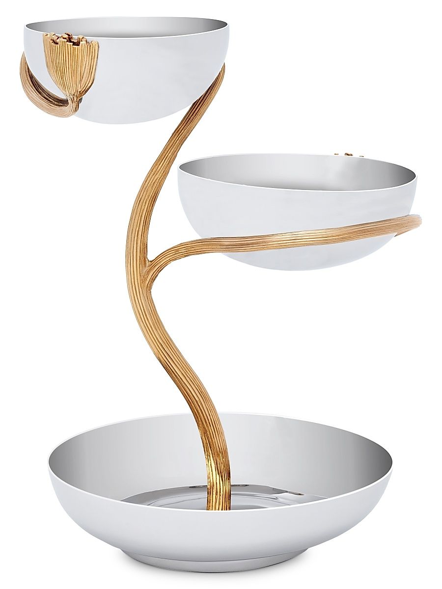 Deco Leaves 3-Tier 24K Goldplated & Stainless Steel Server - Size Large