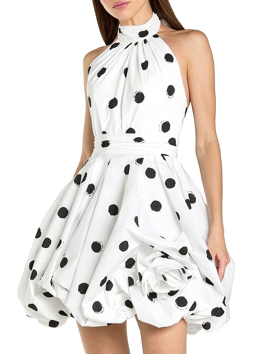 Women's Polka Dot 3D Floral Bubble-Hem Satin Minidress - Black Ivory - Size 2