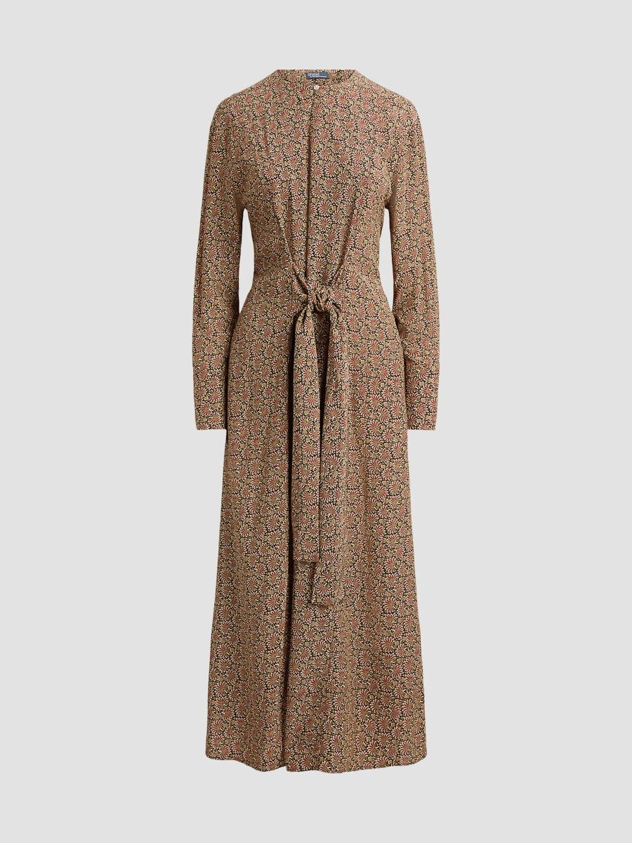 Polo Ralph Lauren Women's Printed Long-Sleeve Column Midi Dress - Daisy Brown Pink - Size 8