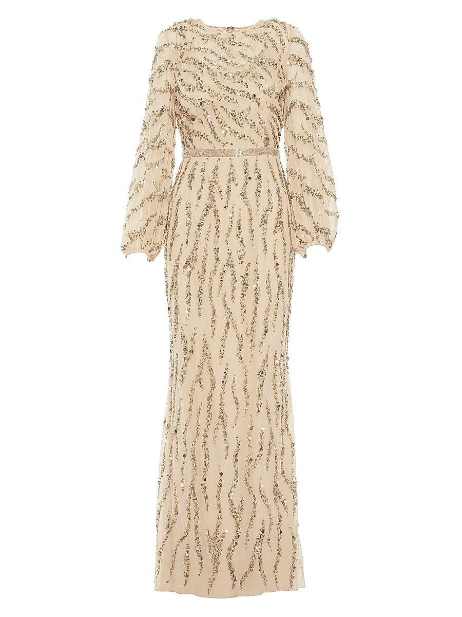 Women's Embellished Puff-Sleeve Trumpet Gown - Gold - Size 18