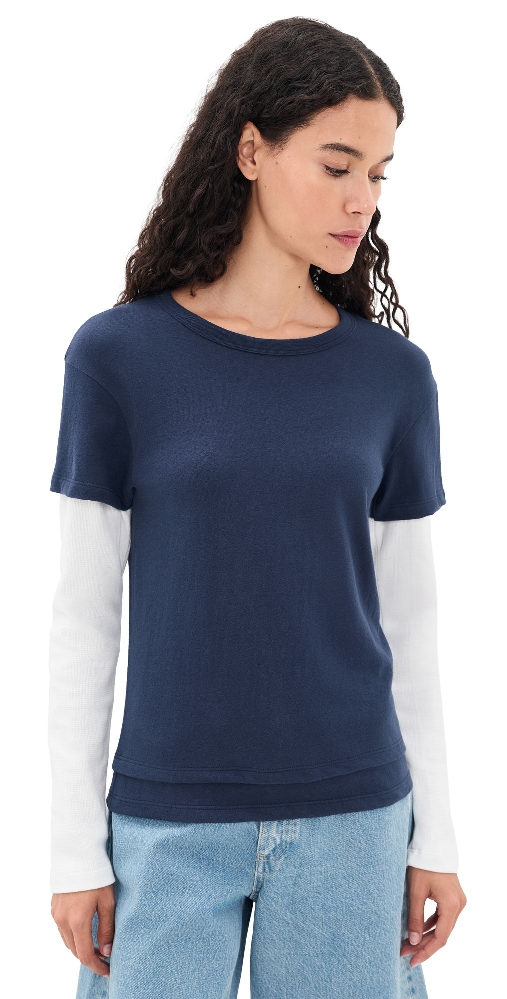 EB Denim Rory Layered Long Sleeve Tee Navy And White Waffle XS