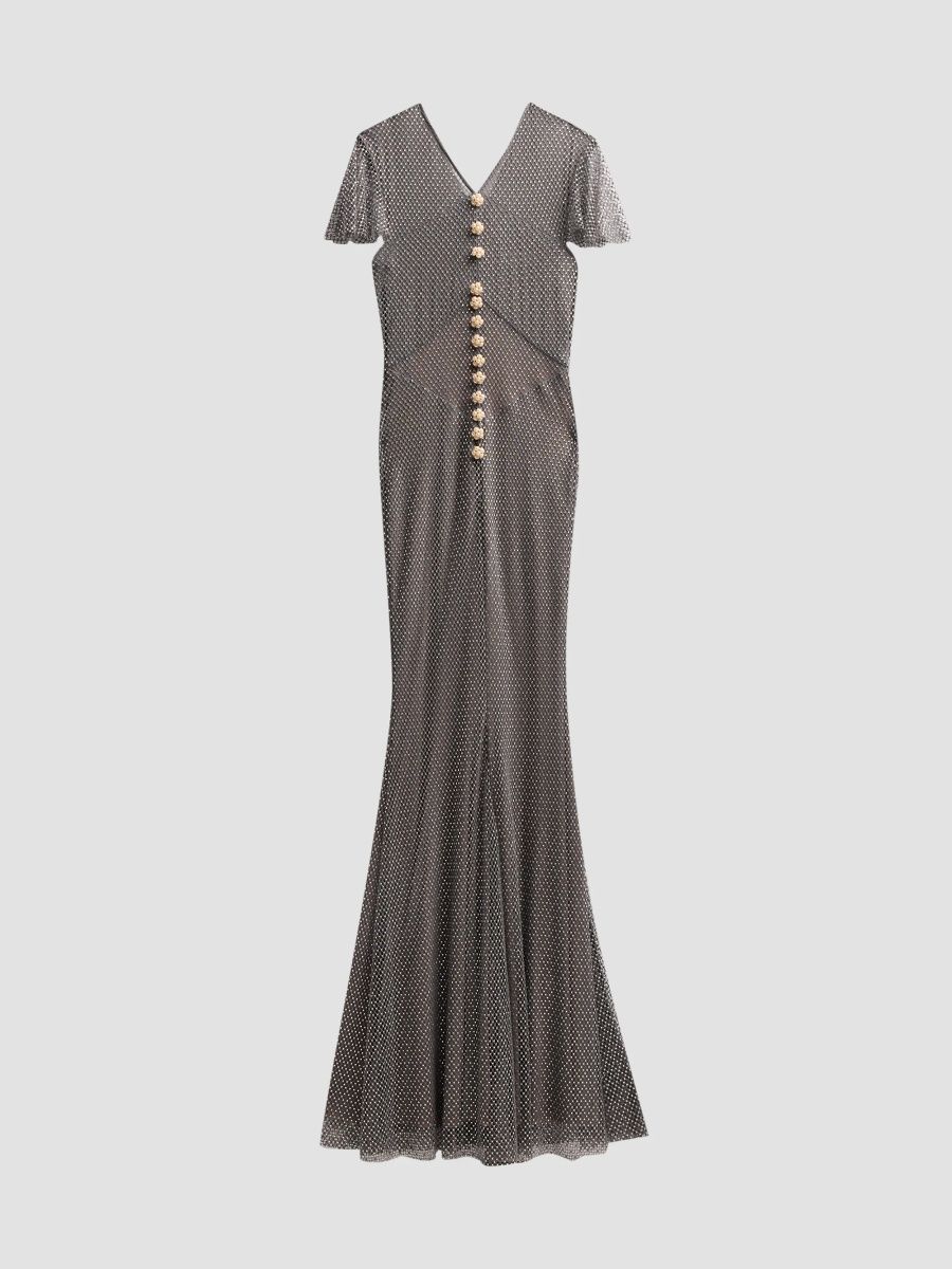 Self-Portrait Women's Rhinestone Fishnet Mesh Mermaid Maxi Dress - Grey - Size 12