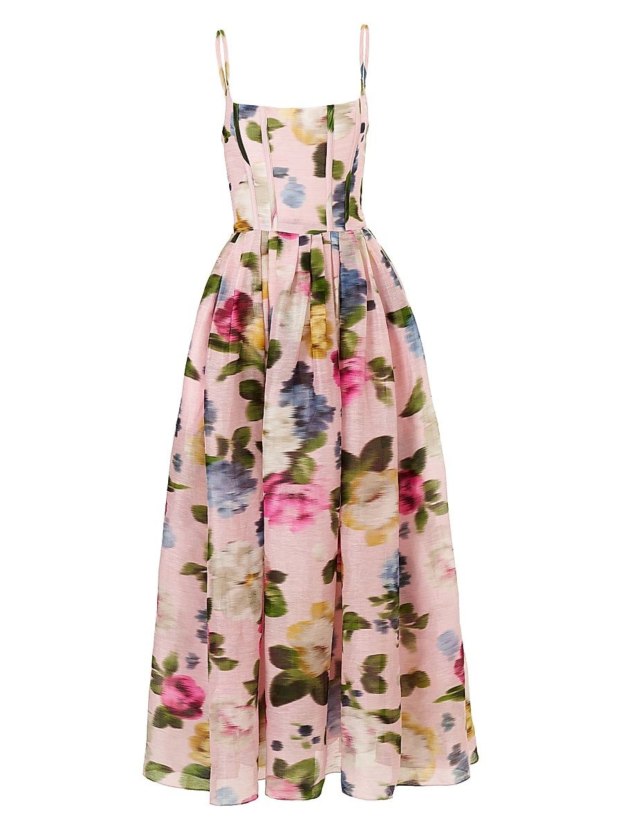 Women's Cabana Floral Corset Linen-Silk Thin-Strap Midi-Dress - Rosewater Multi - Size 14