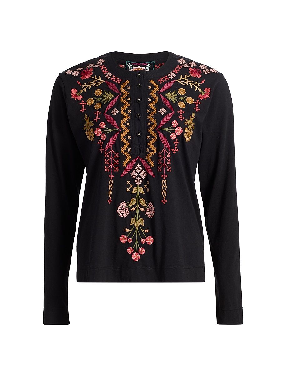 Women's Mixed Media Henley T-shirt - Black - Size Small