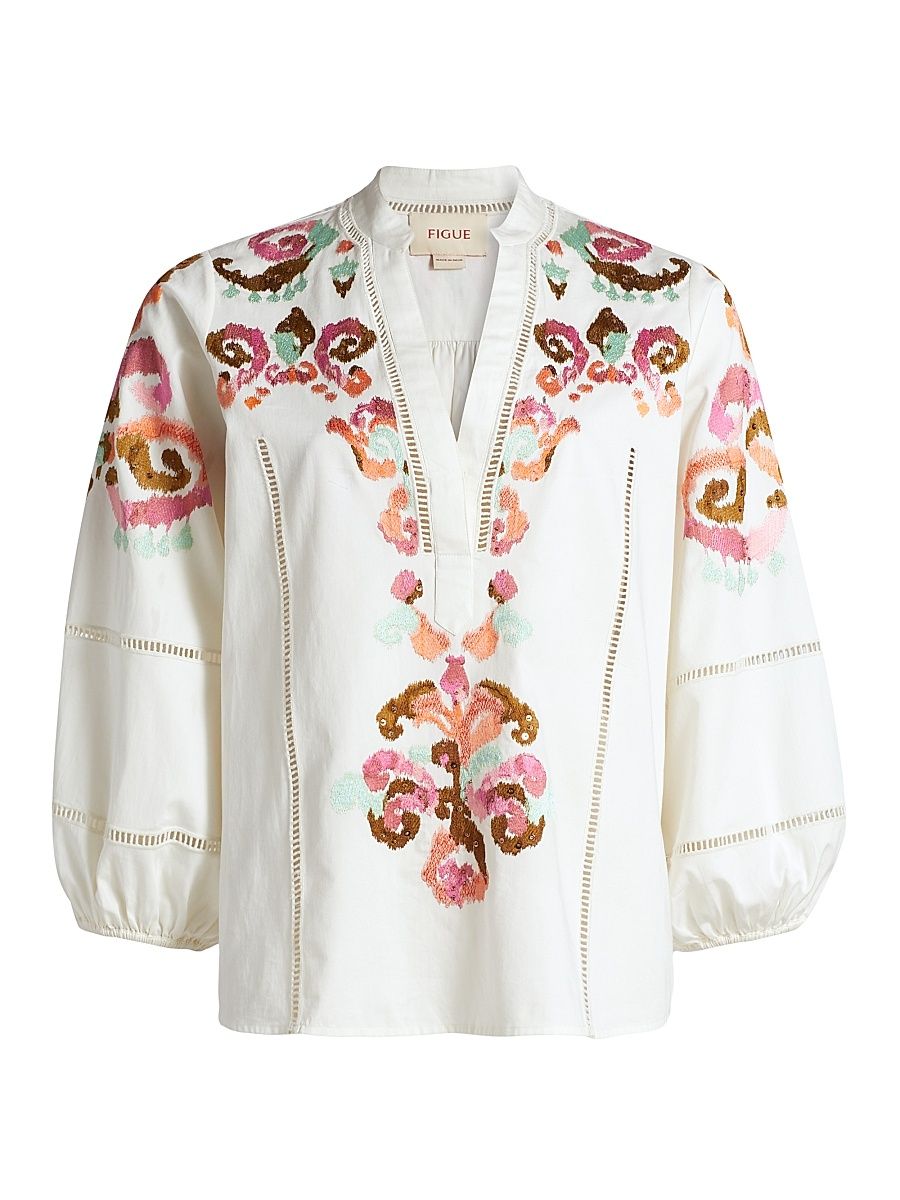 Women's Rylie Embellished Cotton V-Neck Top - Whipped White - Size Large