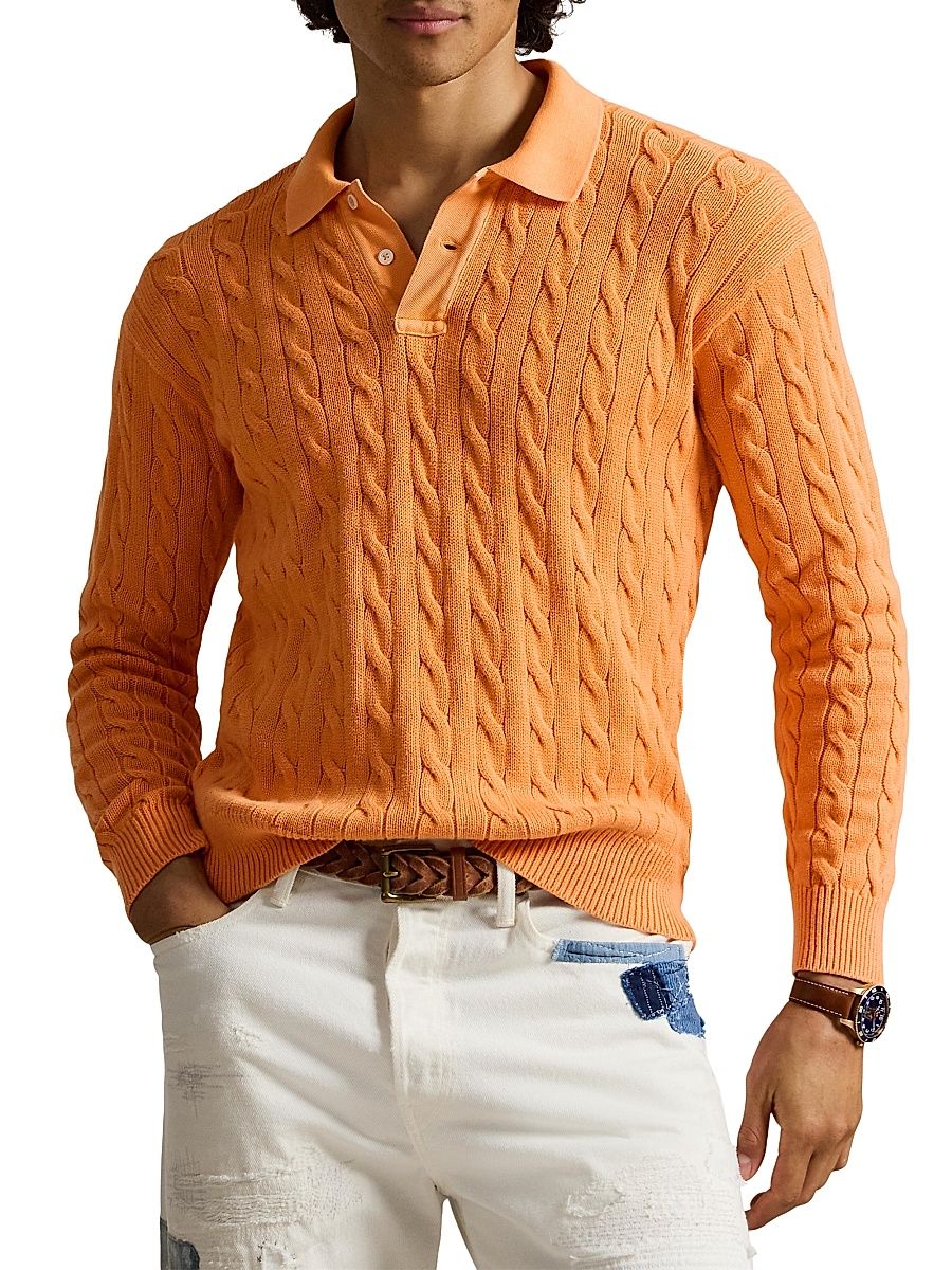Men's Cable-Knit Cotton Polo Sweater - Sunfade Orange - Size XXL