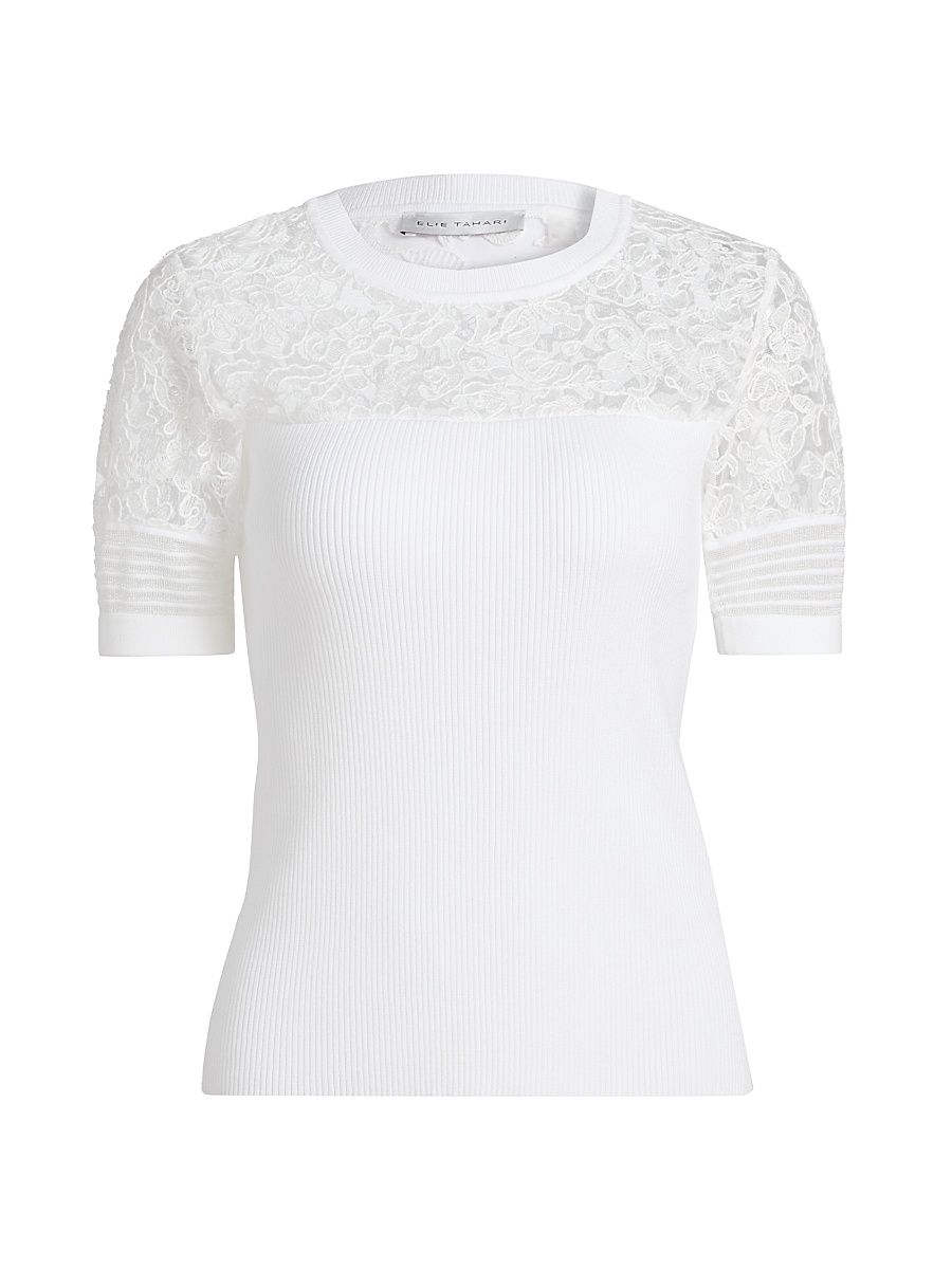 Women's Stephanie Mixed-Media Lace Top - Sky White - Size XL