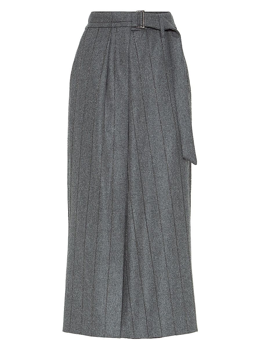 Women's Virgin Wool Flannel Sartorial Wrap Skirt with Shiny Chalk Stripe Embroidery - Dark Grey - Size 12