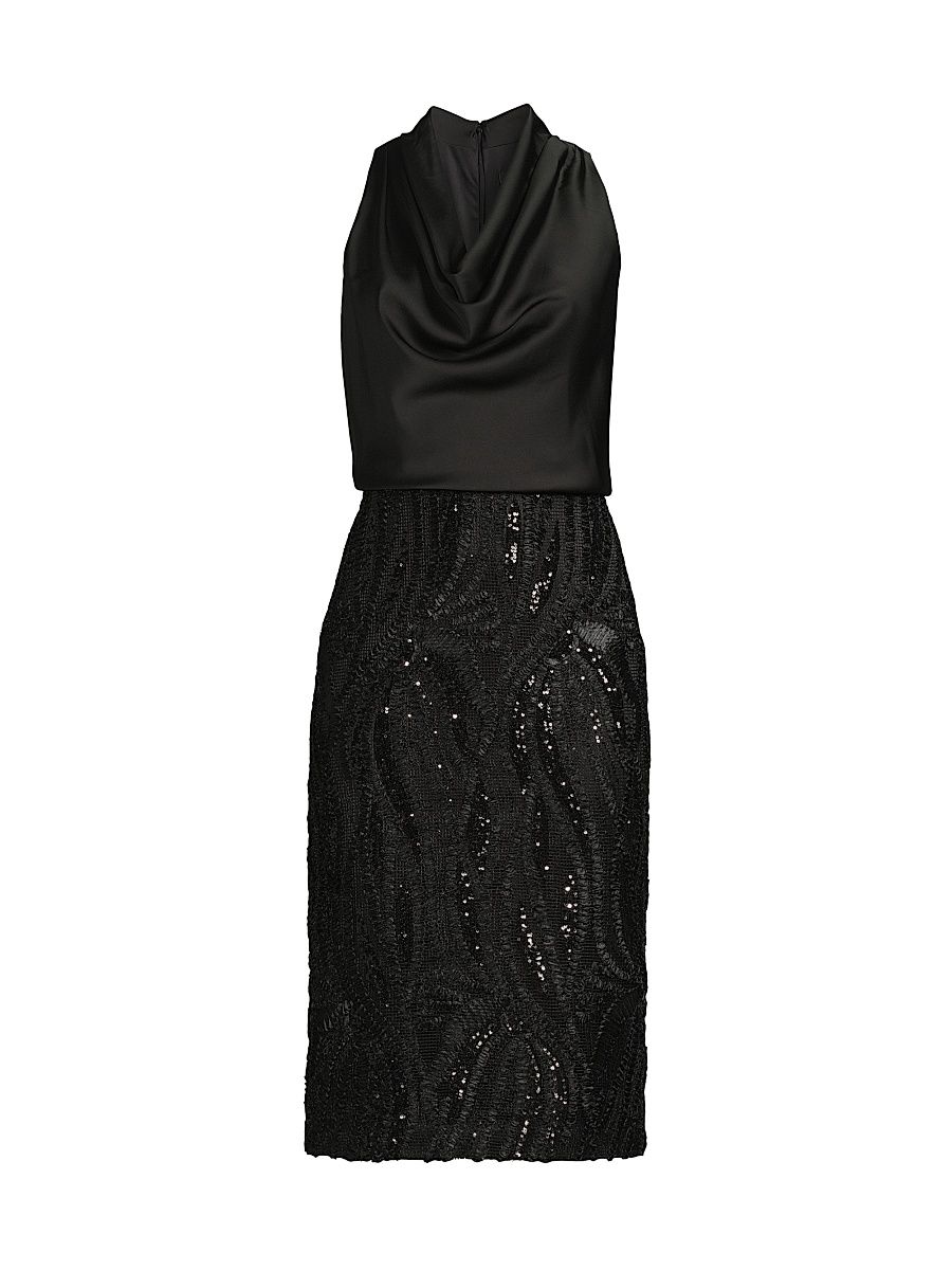 Women's Sequined Cowlneck Cocktail Dress - Black - Size 10