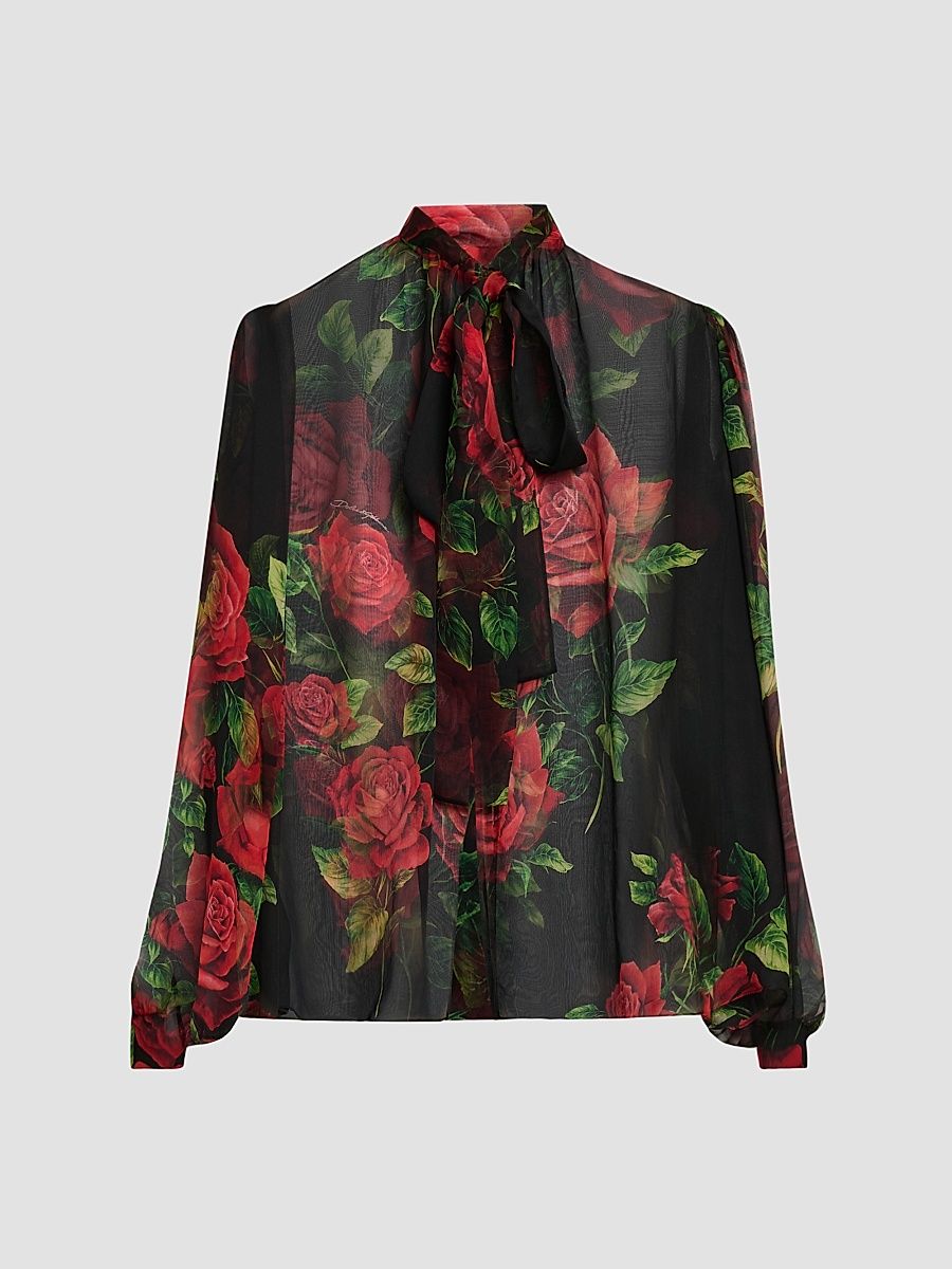 Women's Sheer Floral Silk Pussy-Bow Collar Blouse - Rose Rosse Nero - Size 12