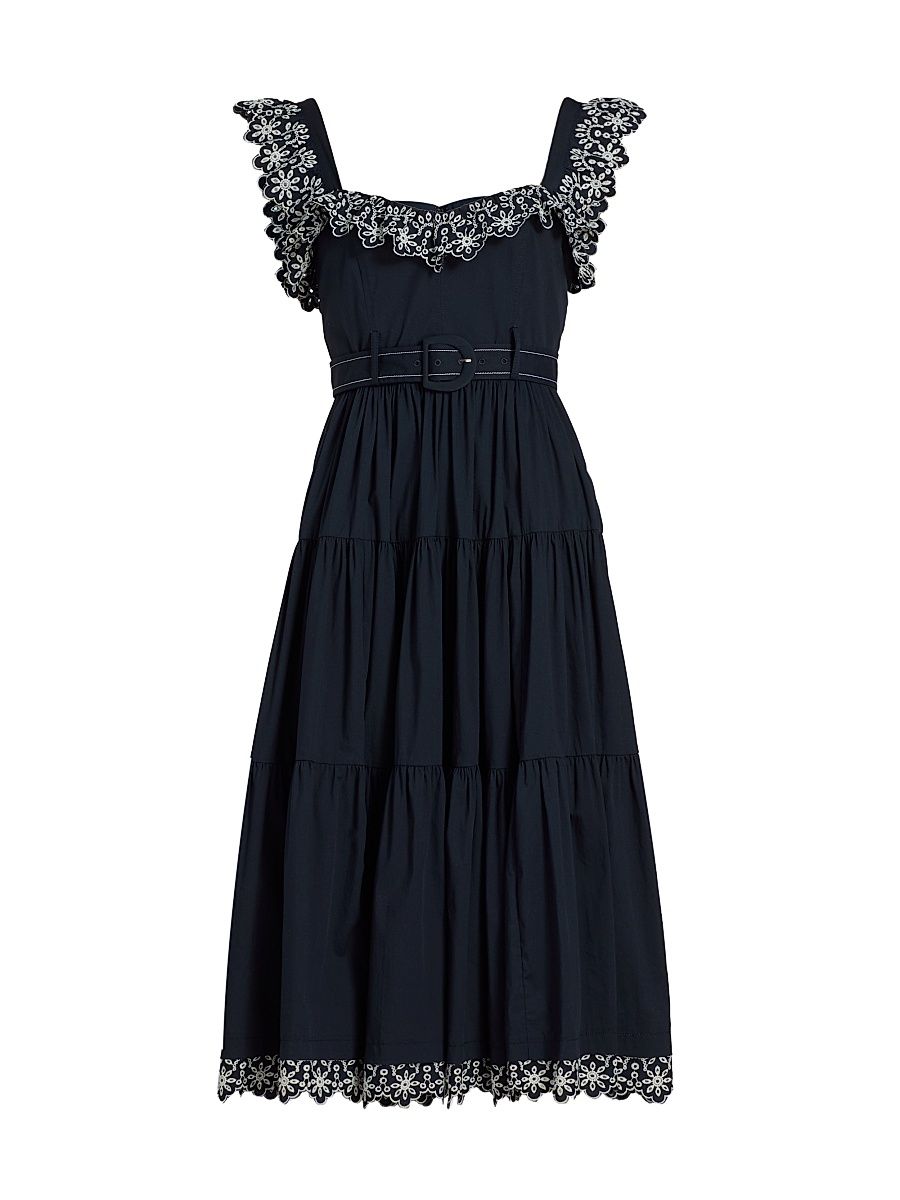 Women's Pierson Eyelet-Trim Belted Midi-Dress - Navy White - Size 14