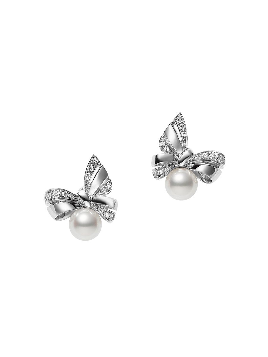 Women's Jeux de Rubans 18K White Gold, 7.5MM White Cultured Akoya Pearl & Diamond Ribbon Earrings - White Gold