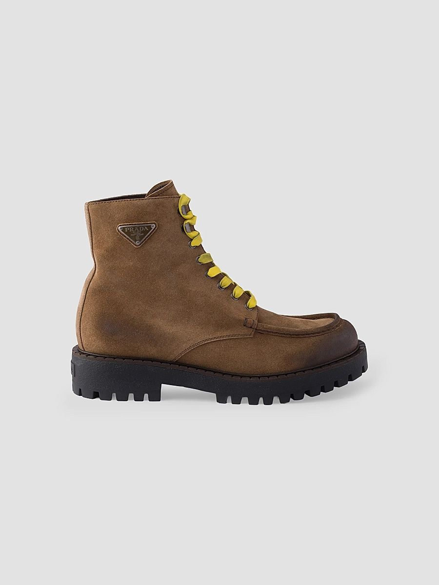 Prada Men's Aged Suede Lace-Up Ankle Boots - Brown - Size 9.5