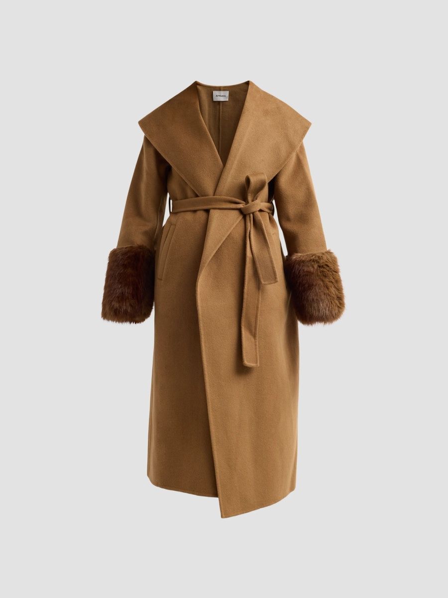 Apparis Women's Jill Faux-Mink Fur Cuff Wool Belted Coat - Camel - Size XL