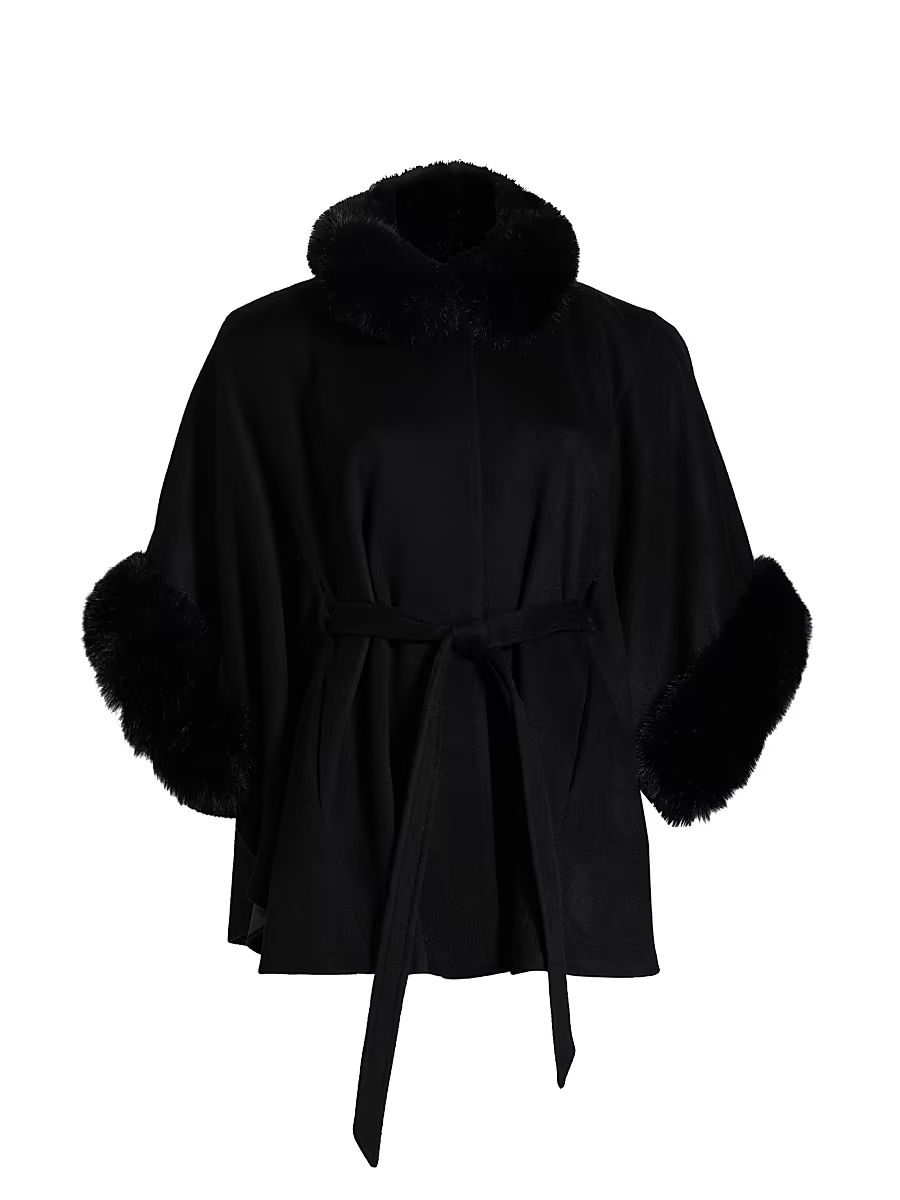 Women's Faux-Fur Cashmere Belted Cape - Black - Size Medium