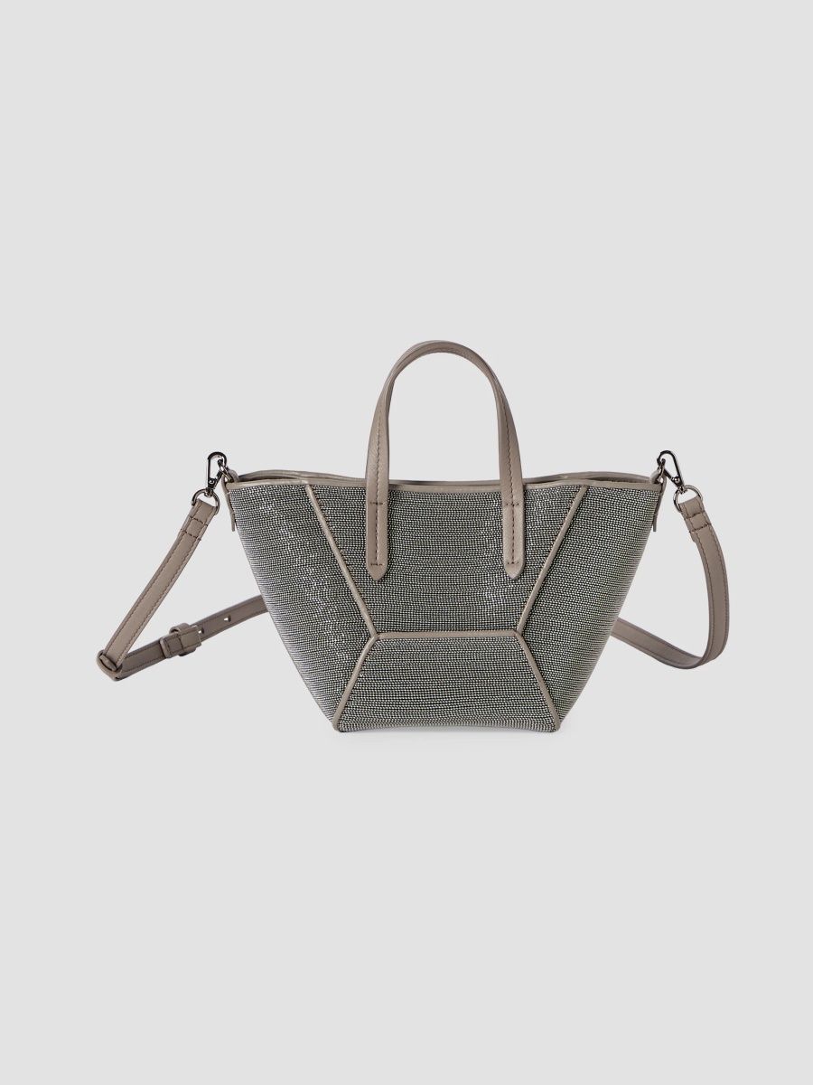 Brunello Cucinelli Women's Precious Duo Mini Top Handle Bag in Grained Leather - Grey