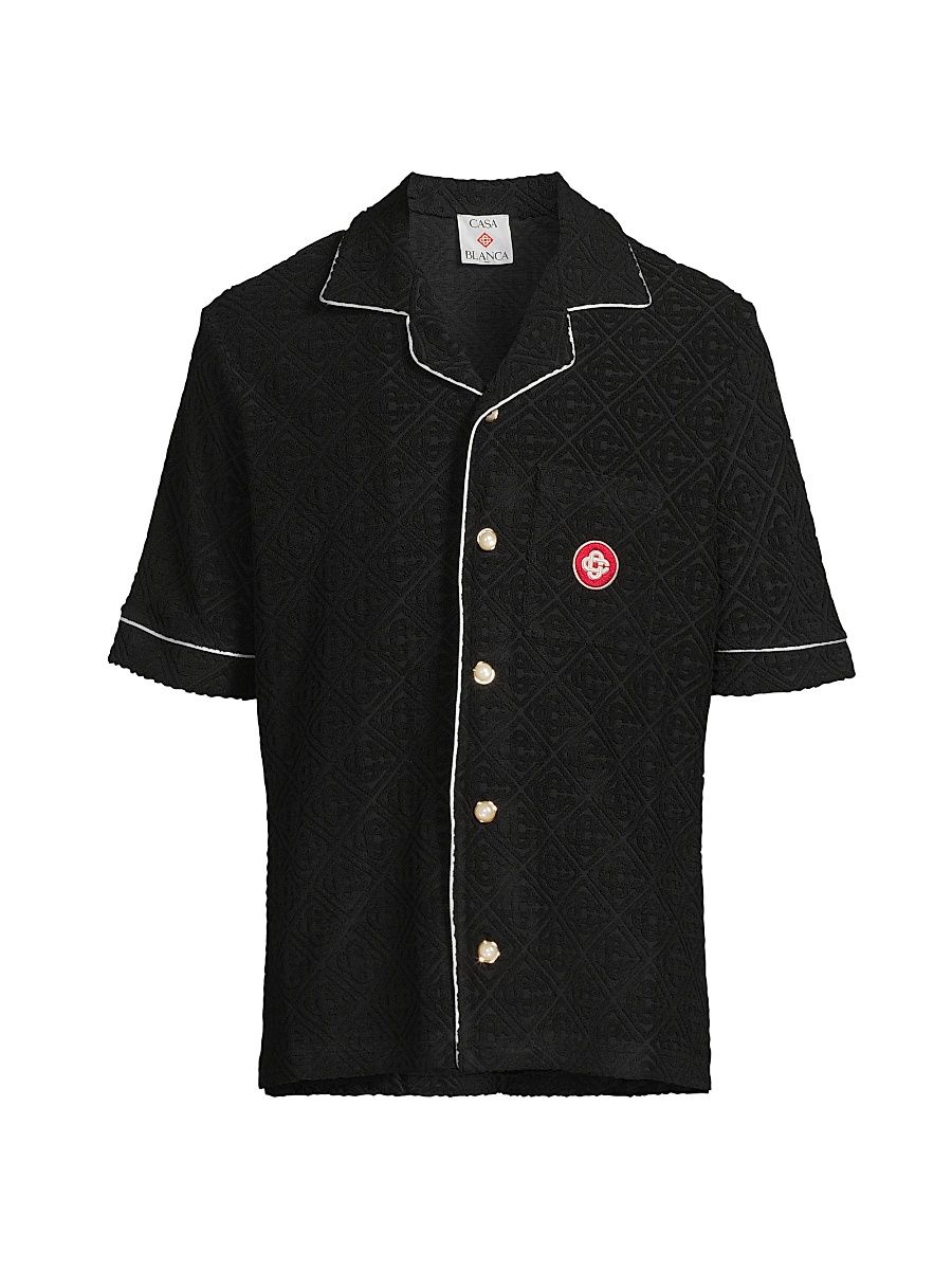 Men's Terrycloth Monogram Short-Sleeve Shirt - Black - Size Small