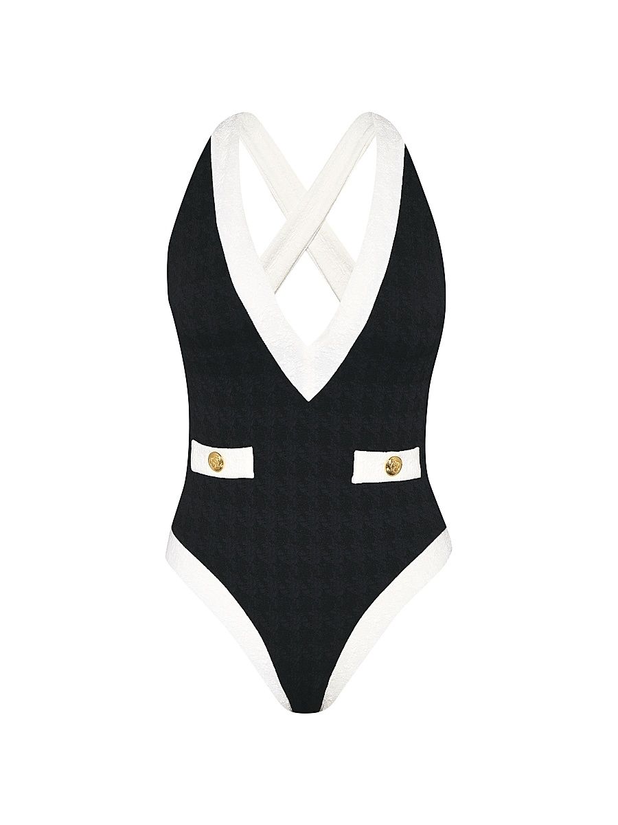 Women's Colorblock Chic Lisa Plunge One-Piece Swimsuit - Black - Size Small
