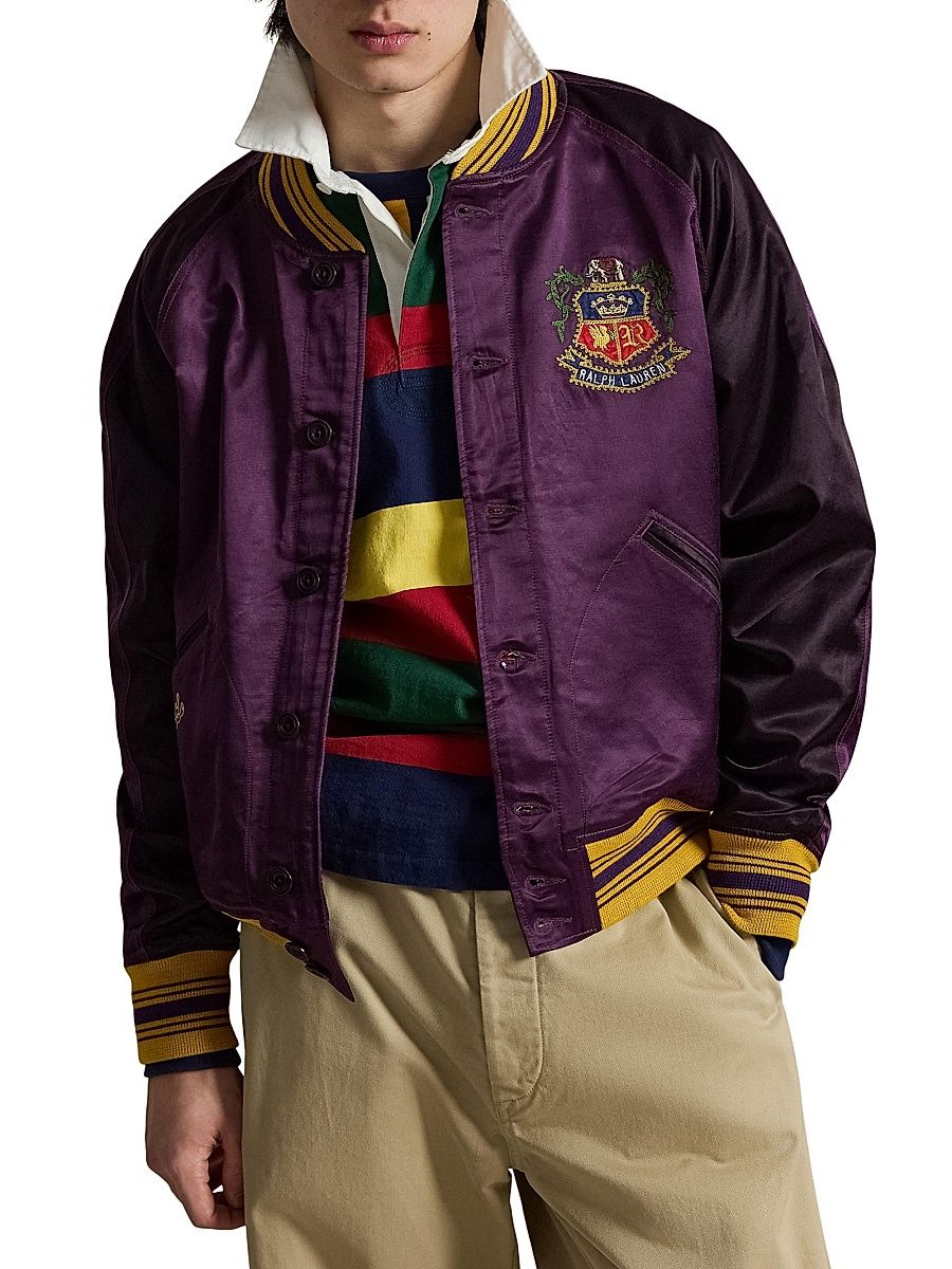 Men's Embroidered Satin Bomber Jacket - Burgundy Rose Purple - Size XXL