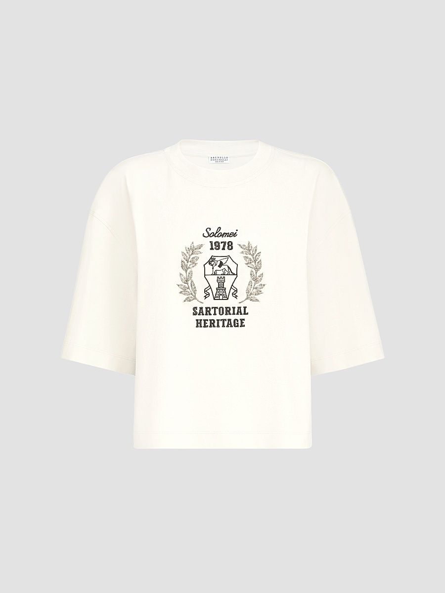 Women's Cotton Jersey T-Shirt with Embroidery - Butter - Size Small