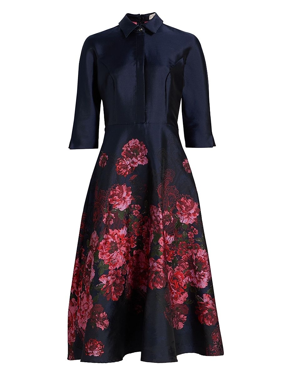 Women's Jacqurd Floral & Paisley Shirtwaist Gown - Navy Multi - Size 8