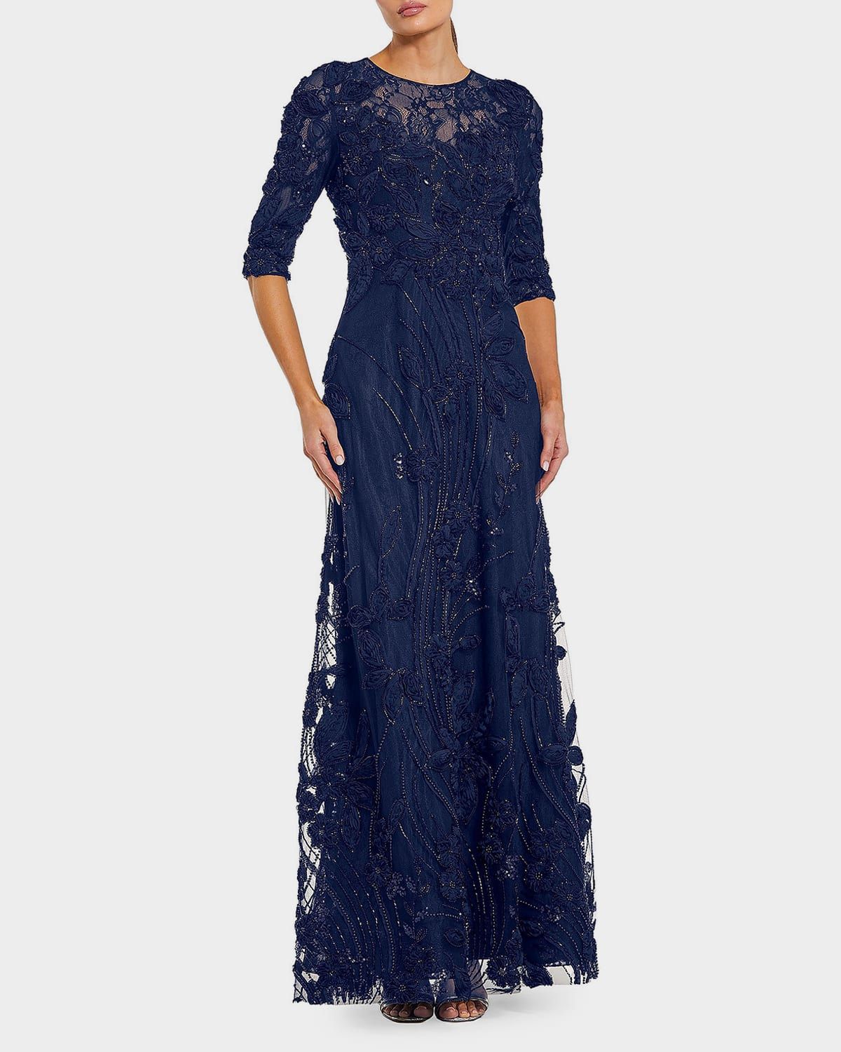 Beaded Floral Applique Lace Gown