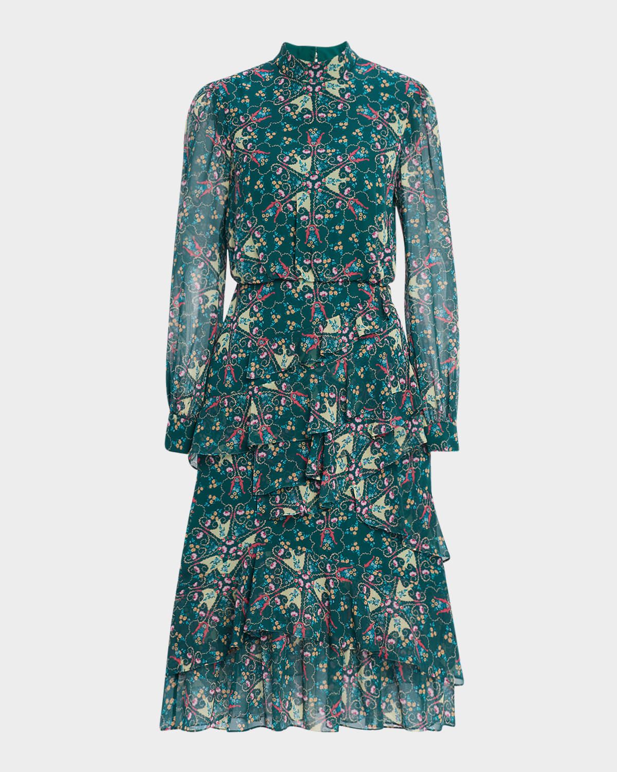 Isa Mock-Neck Floral-Print Silk Midi Dress